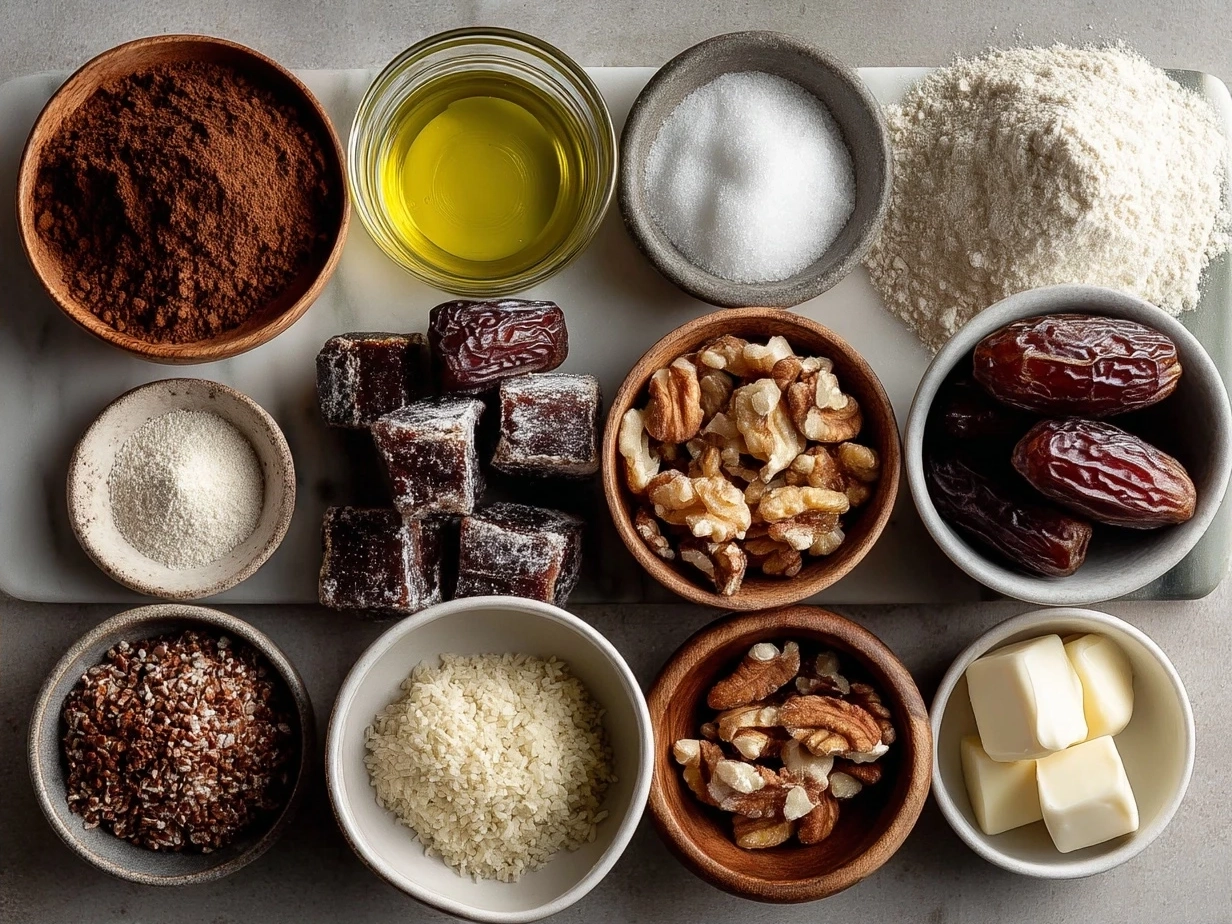 Ingredients for Vegan No-Bake Brownies with Dates Nuts arranged on a countertop