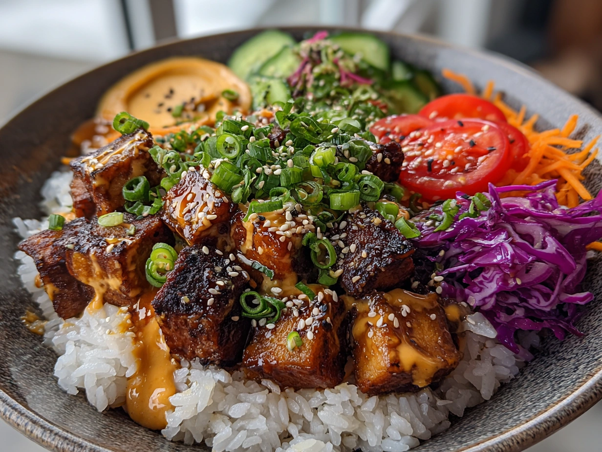 Final assembled Vegan Poke Bowl with tofu, veggies, and vibrant colors