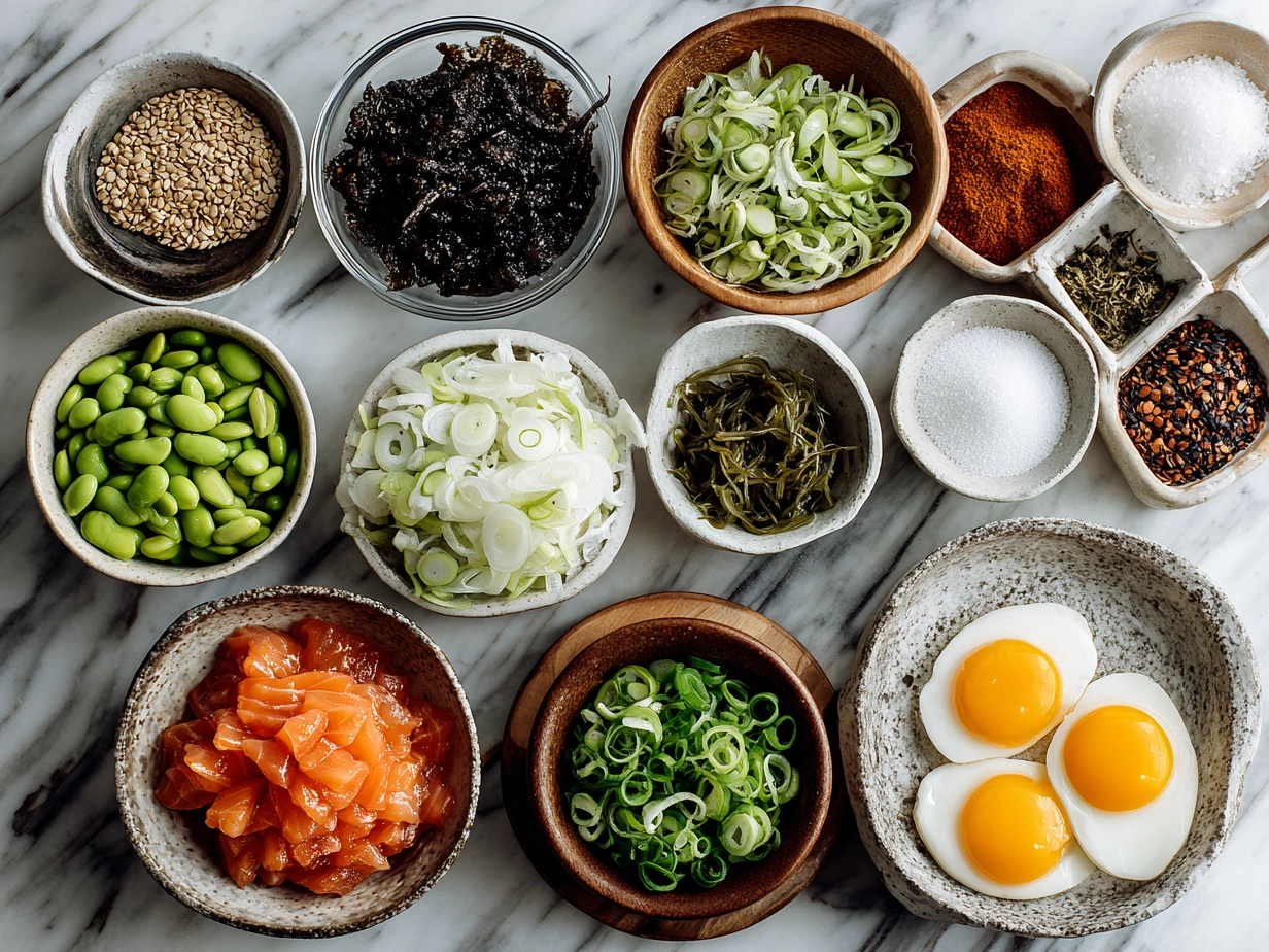 Ingredients for Vegan Poke Bowl including tofu, sushi rice, avocado, and fresh vegetables