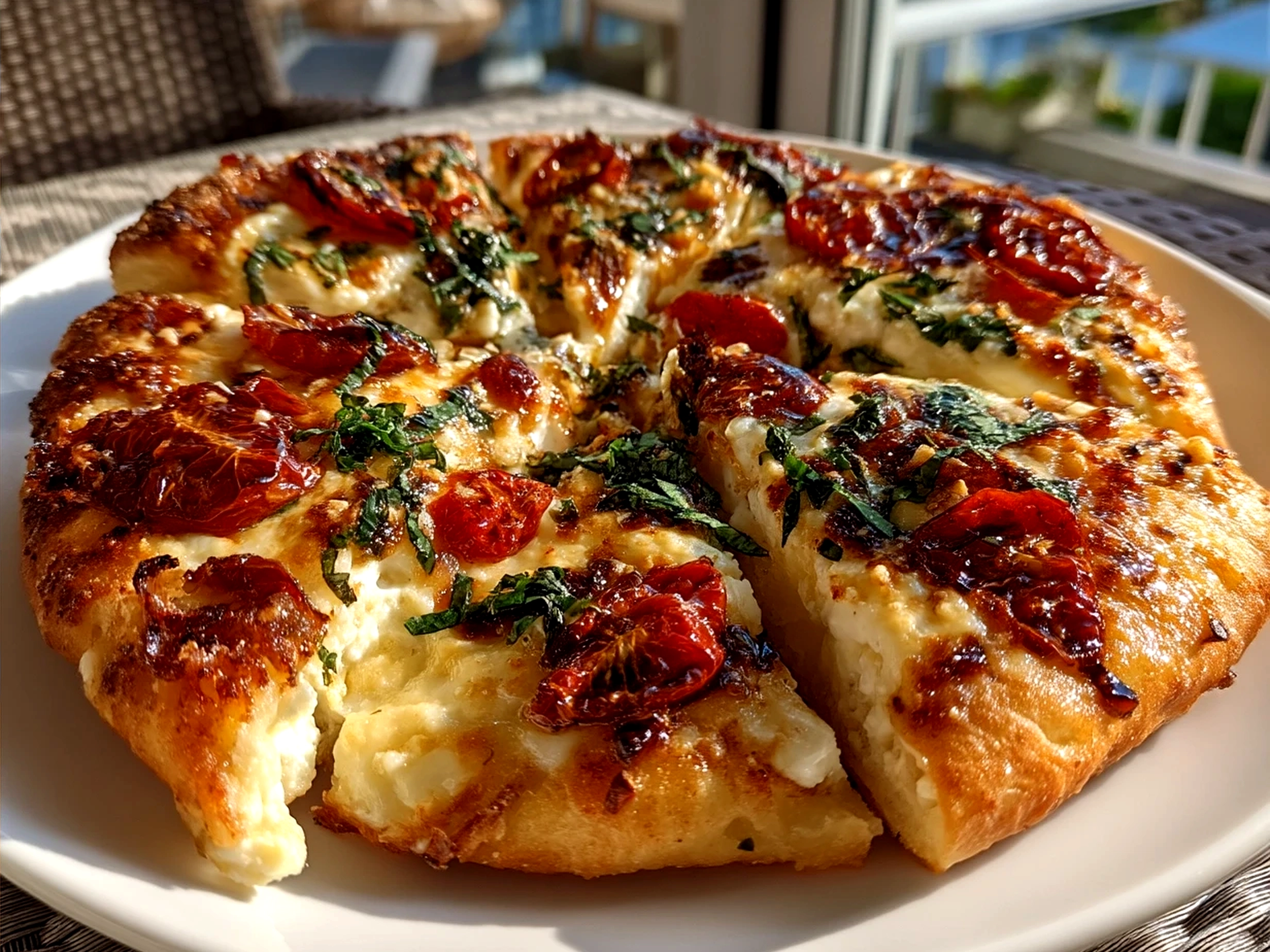 Freshly baked White Pizza perfectly sliced and ready to serve