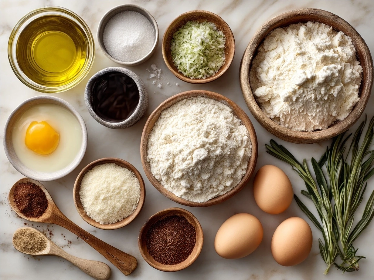 Ingredients for White Pizza including dough, cream cheese, ricotta, mozzarella, parmesan, garlic, olive oil, and seasoning