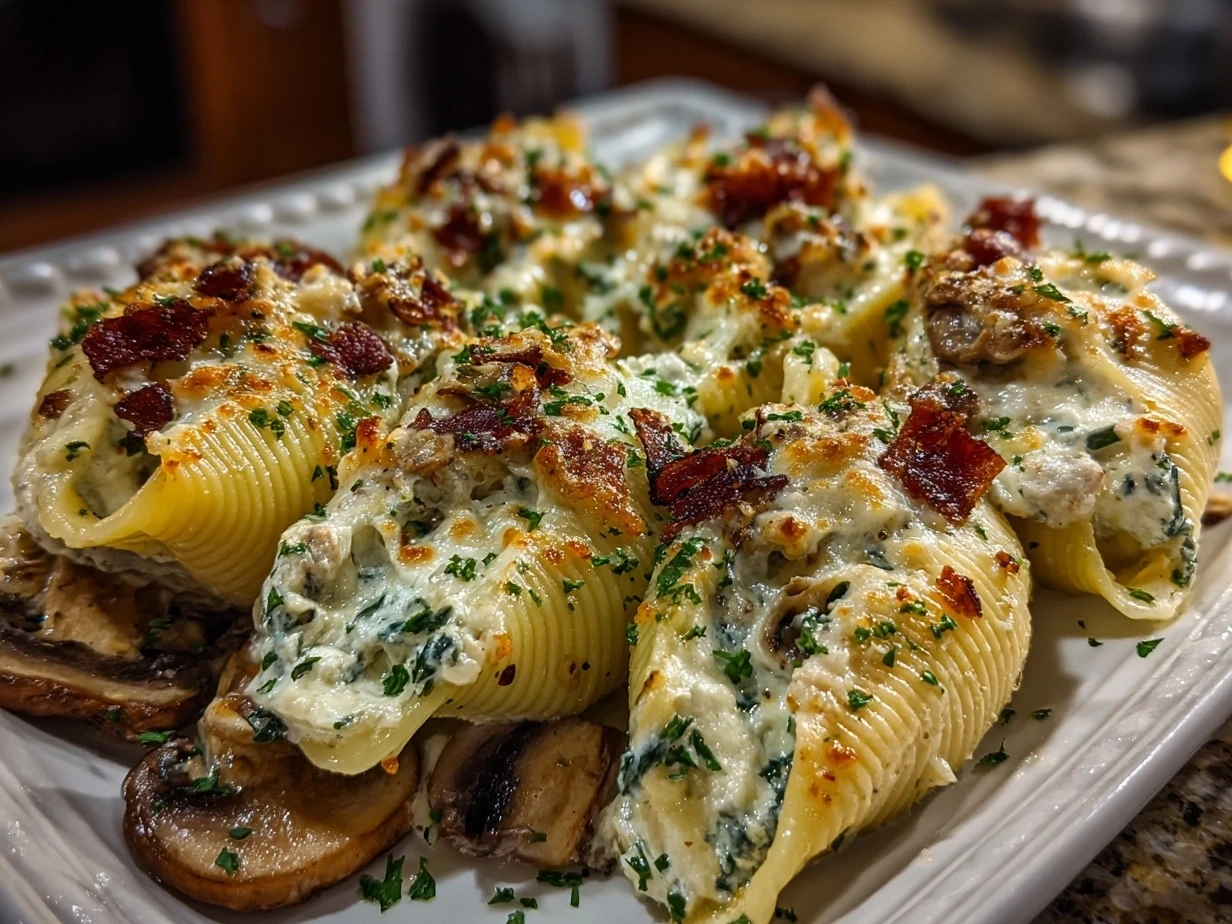 Served White Wine Mushroom Stuffed Shells garnished with fresh parsley ready to eat