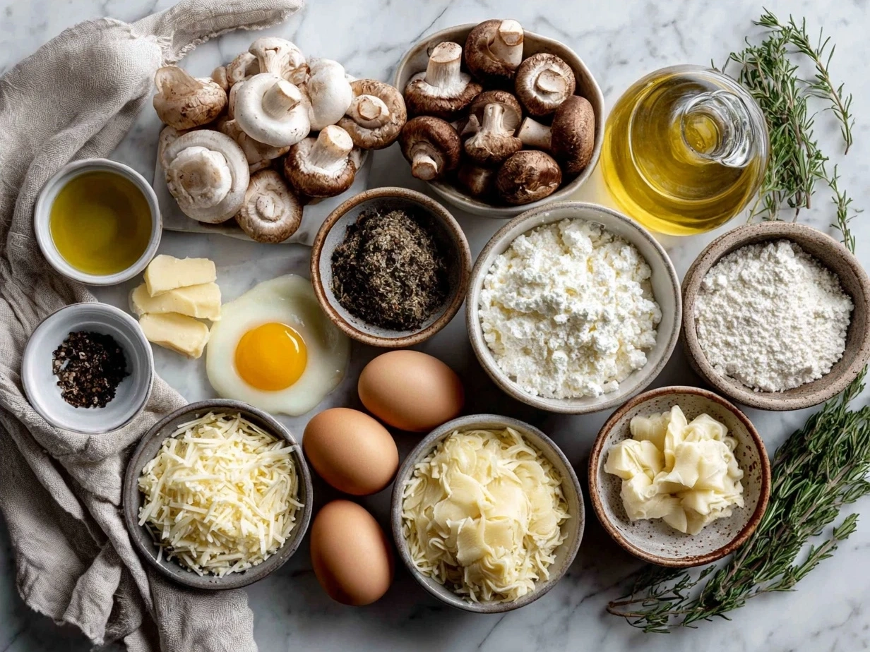 Ingredients for White Wine Mushroom Stuffed Shells including mushrooms, ricotta, pasta shells, garlic, onion, and cheeses