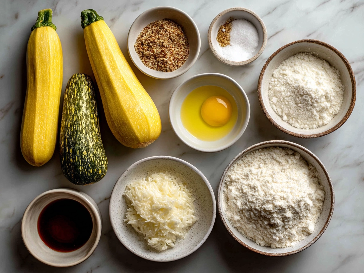 Ingredients for Yellow Squash Parmesan including yellow squash, parmesan cheese, mozzarella, garlic, parsley, and panko breadcrumbs