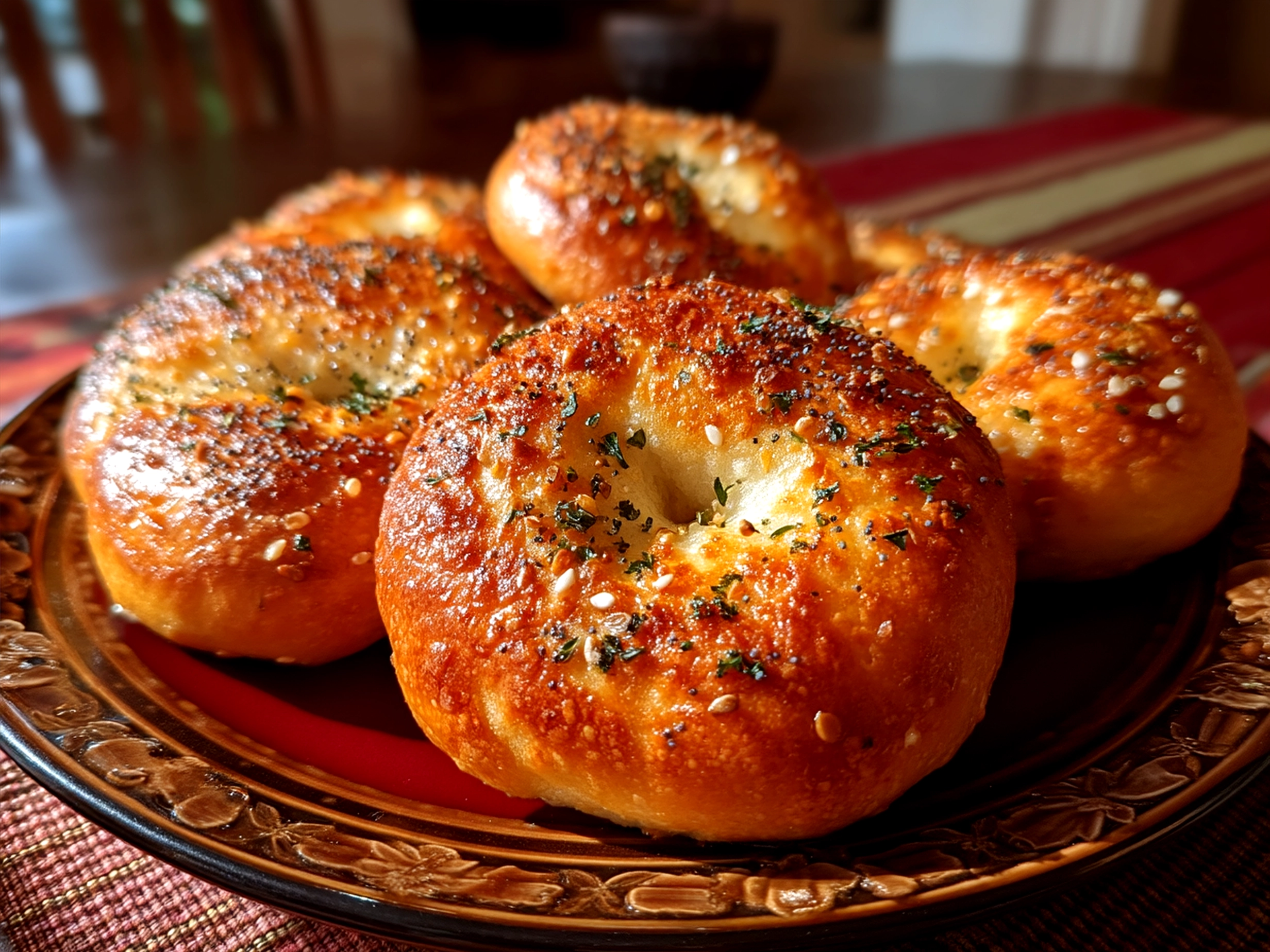 Air fryer protein bagels served with avocado, cream cheese, and tomato slices on a plate
