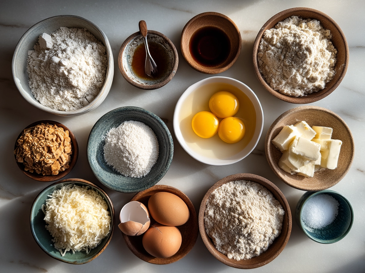 Ingredients for air fryer protein bagels laid out on a wooden table