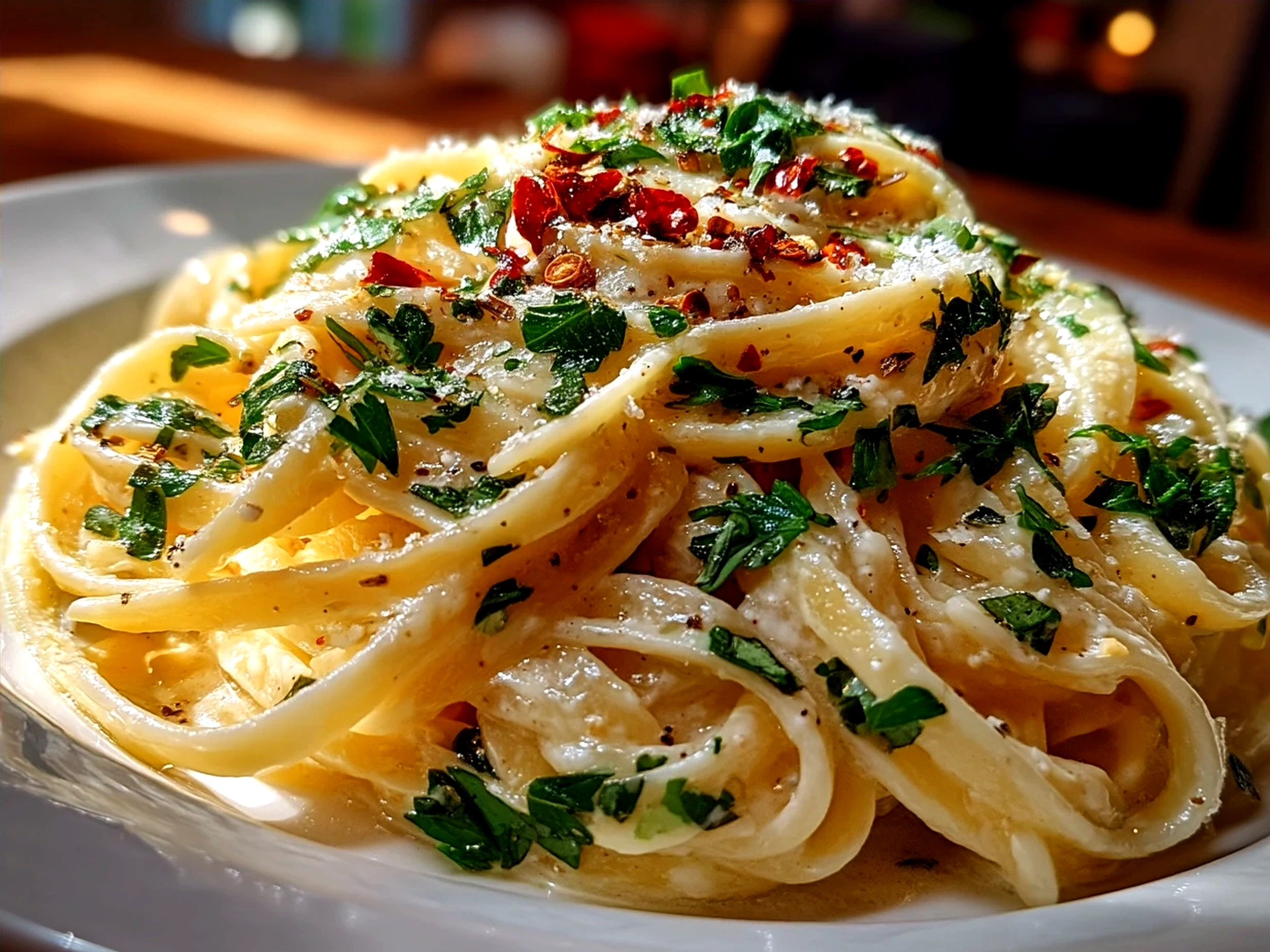 Serving creamy Alfredo Sauce over pasta with parsley garnish