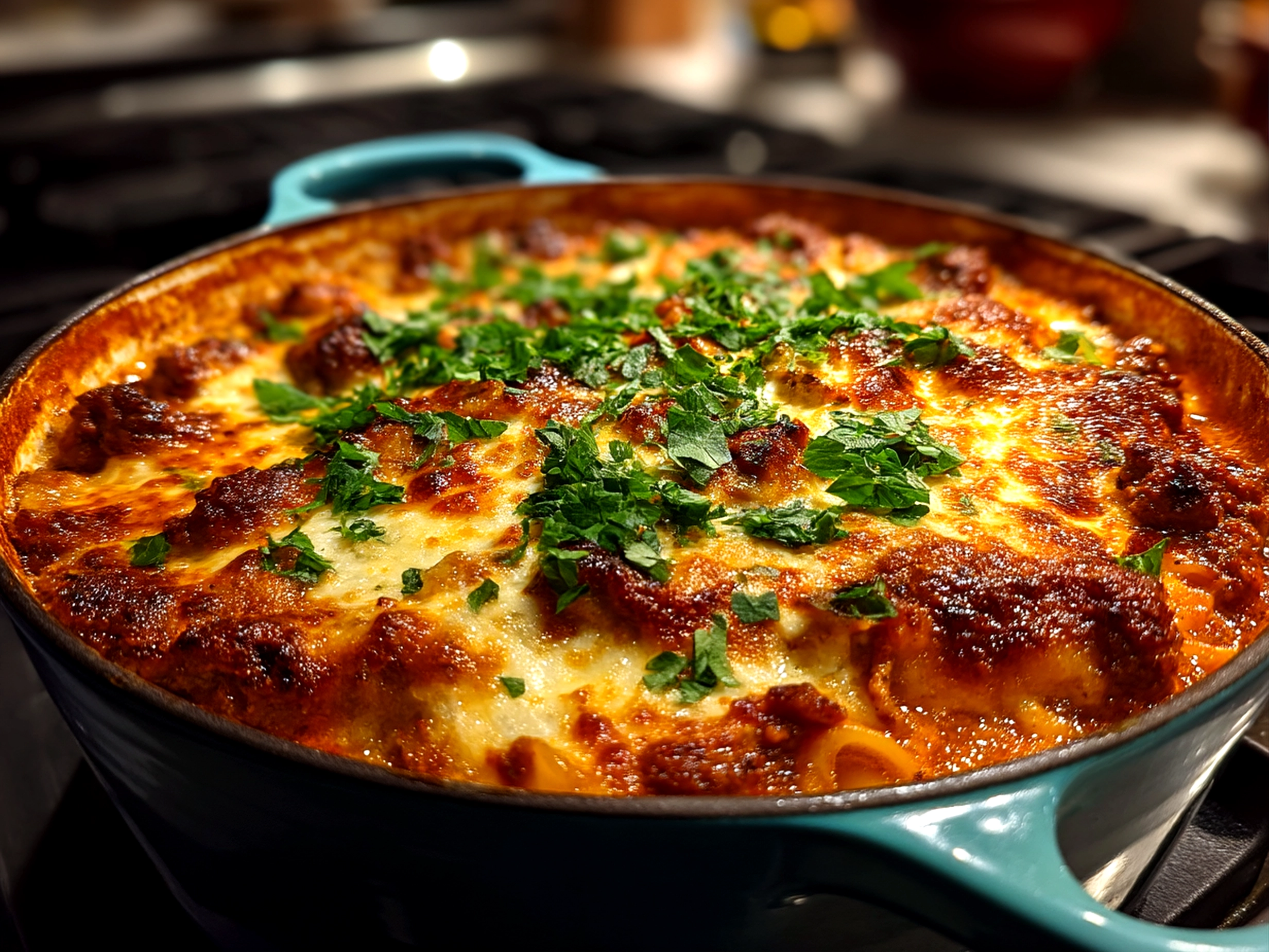 Close up finished comforting lasagna soup photographed with iPhone 14 Pro in amateur kitchen