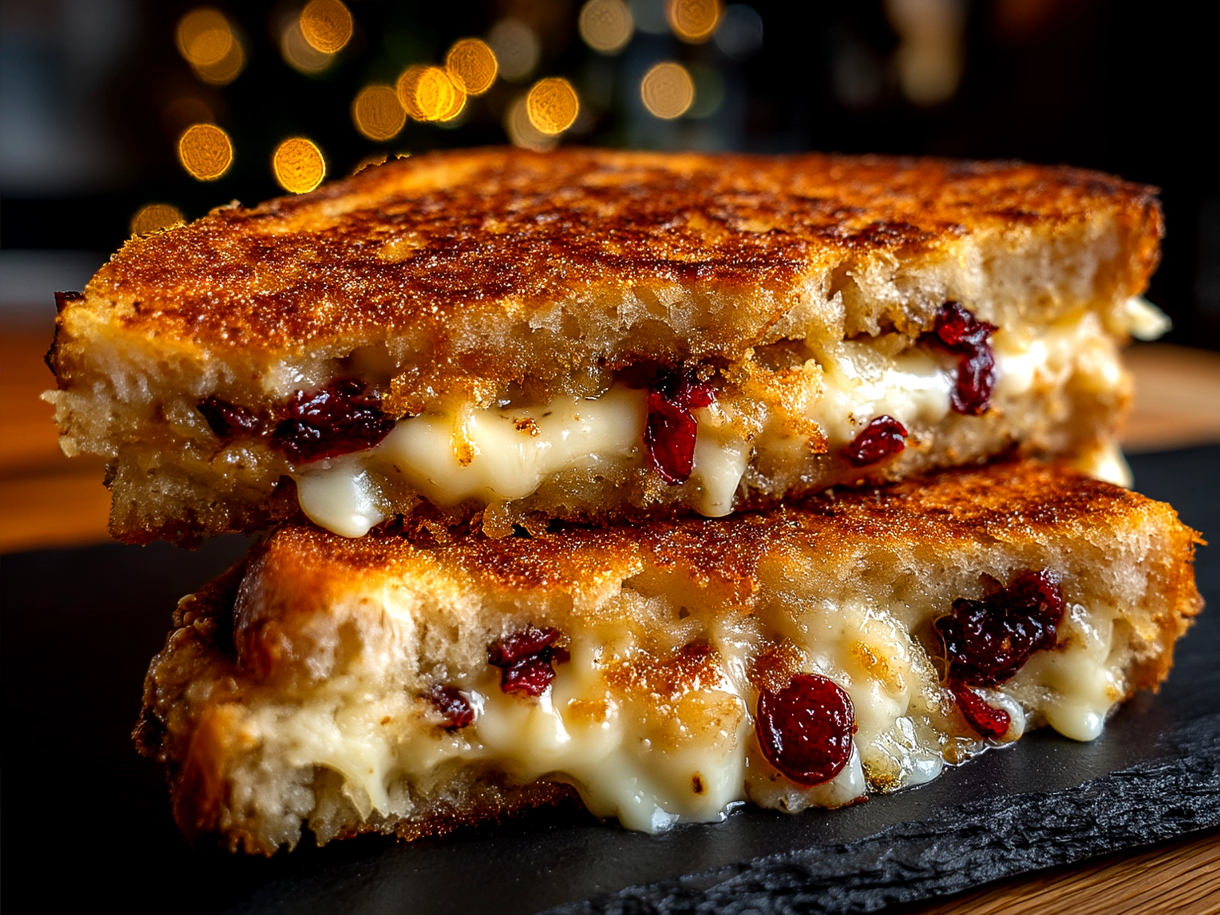 Serving platter of Apple and Cranberry Grilled Cheese with melted cheese and fresh toppings