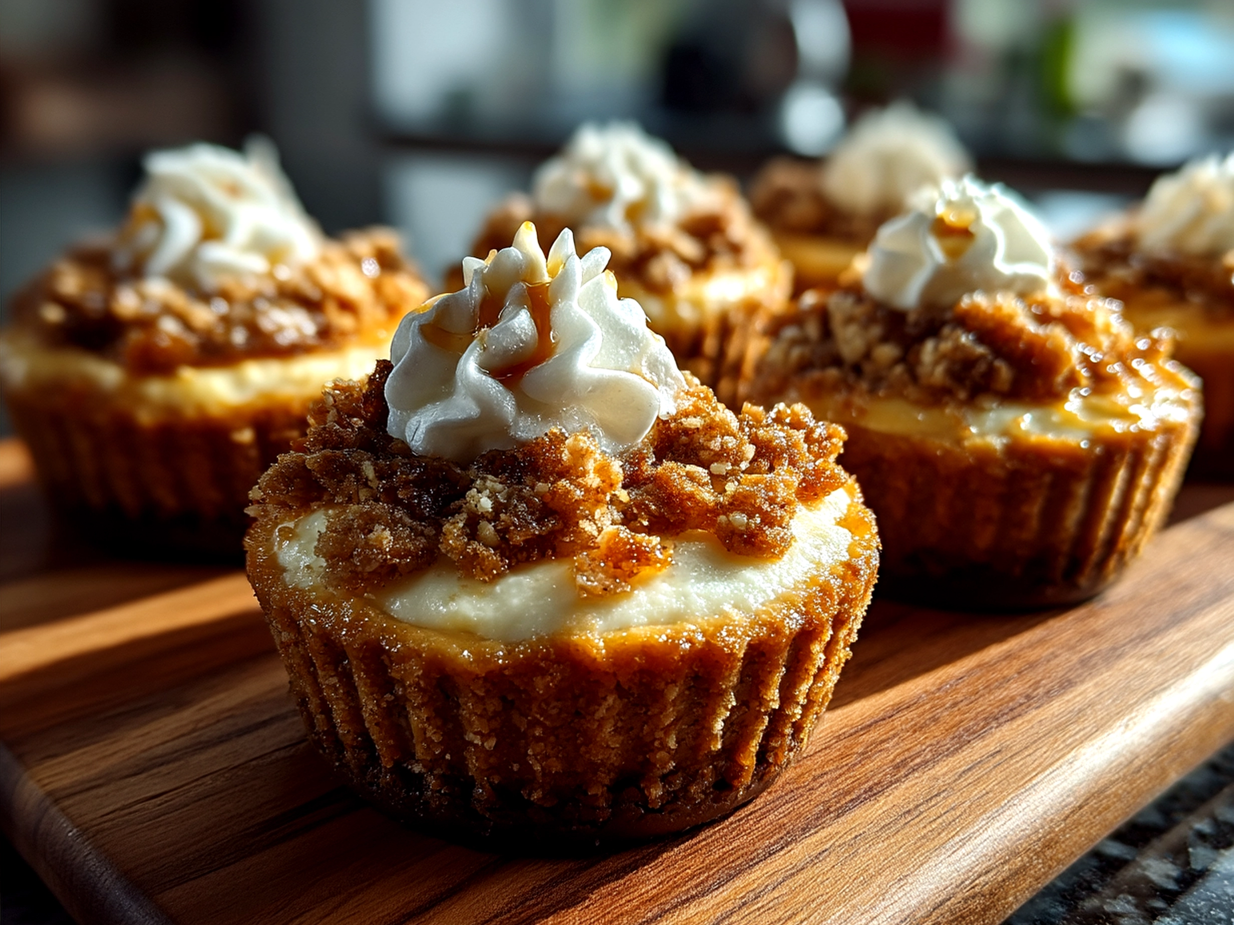 Serving of Apple Crisp Mini Cheesecakes with warm apple topping