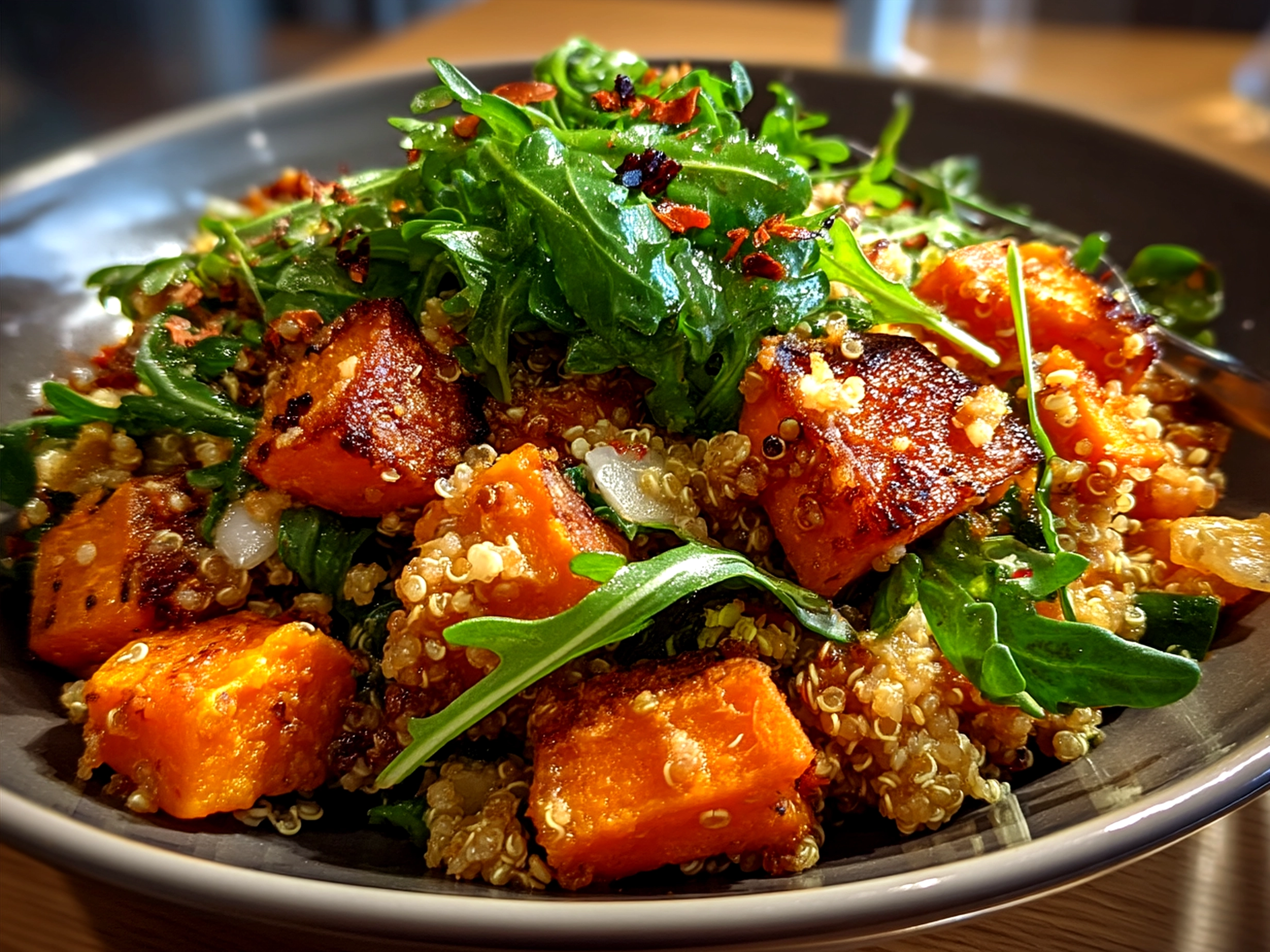 Serving of Apple Sweet Potato Quinoa Salad in wooden bowl garnished with fresh parsley