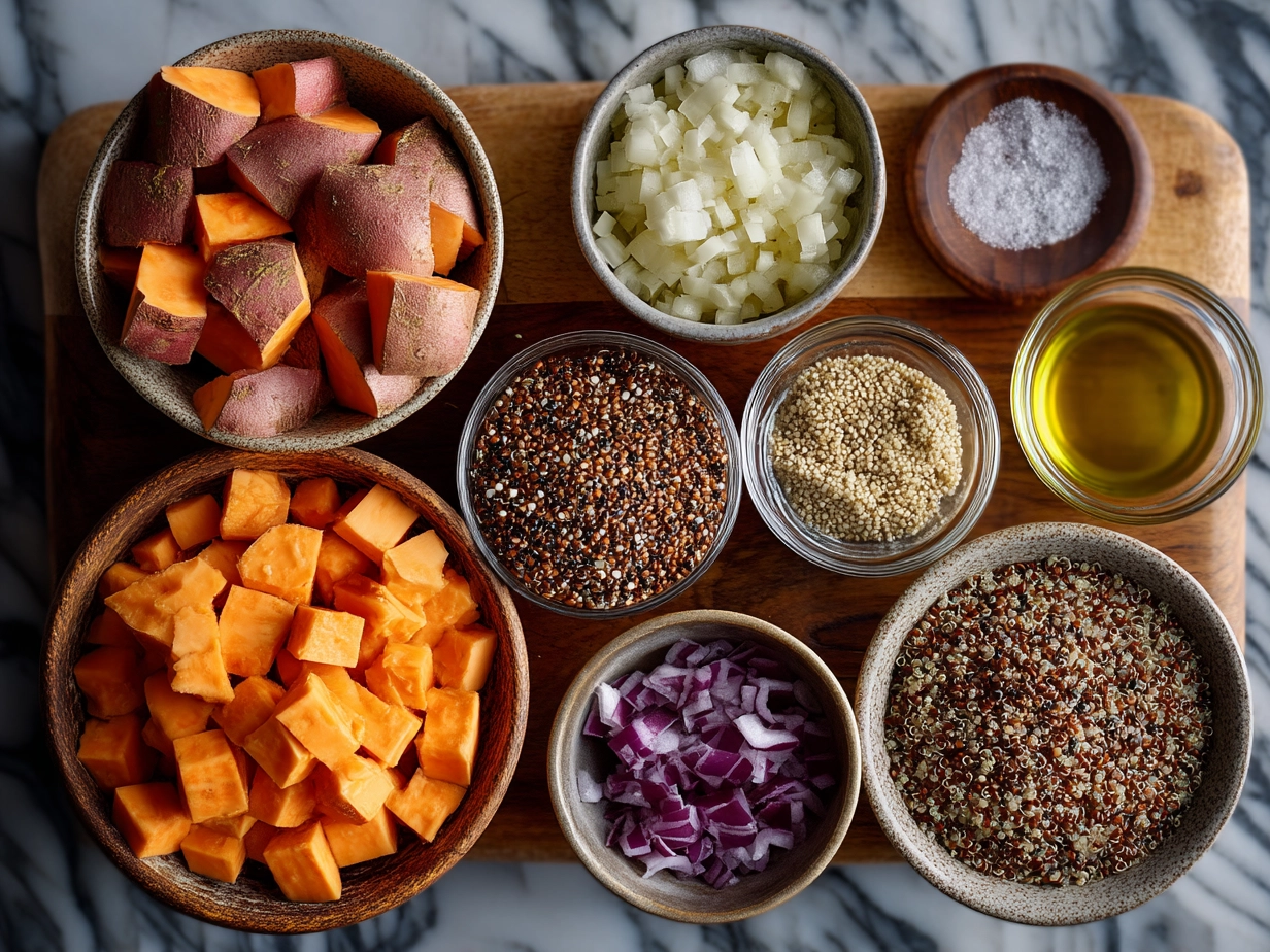 Ingredients for Apple Sweet Potato Quinoa Salad including quinoa, sweet potatoes, apples, parsley, pecans, spices, and olive oil