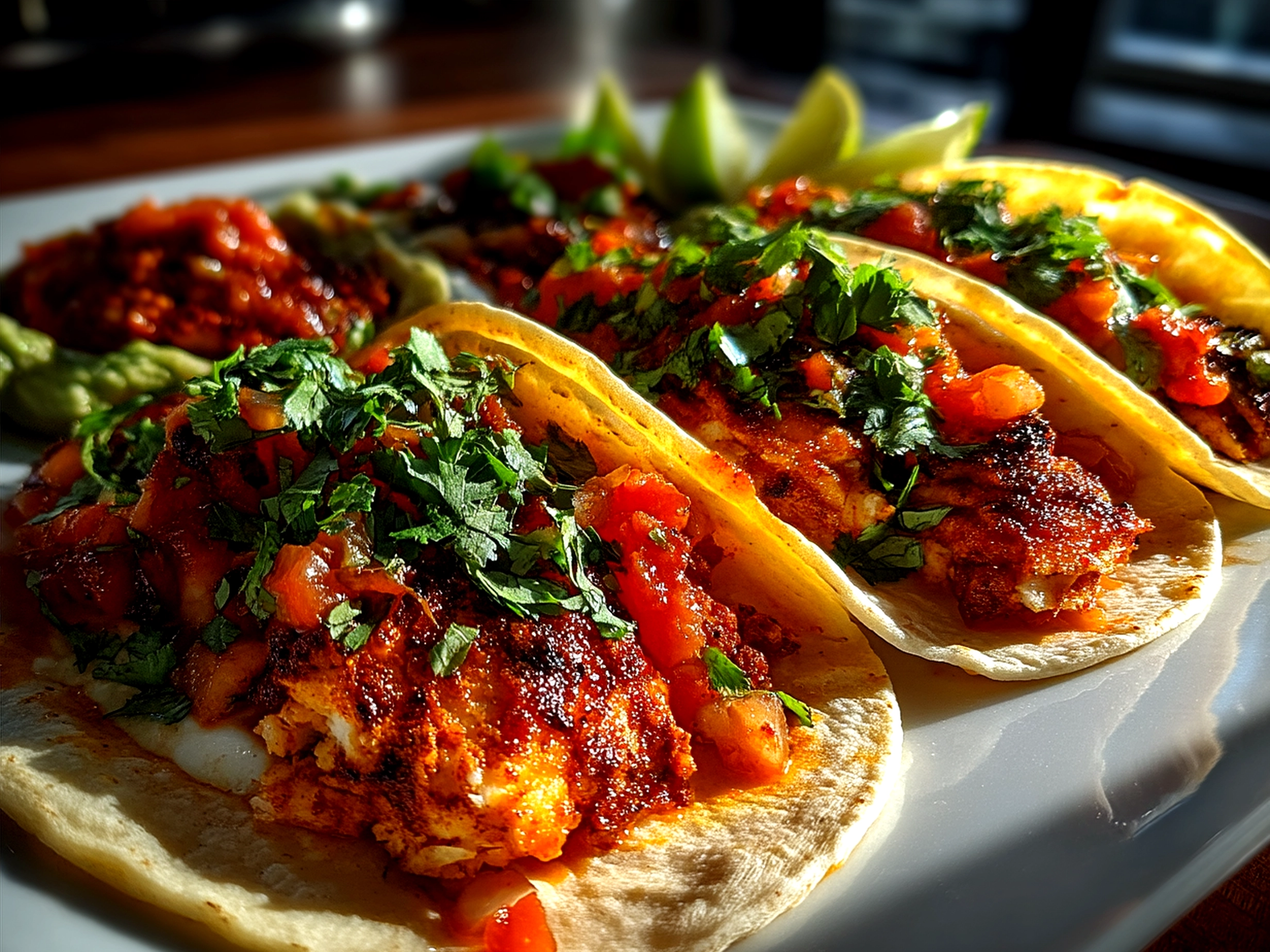 Final presentation of baked fish tacos