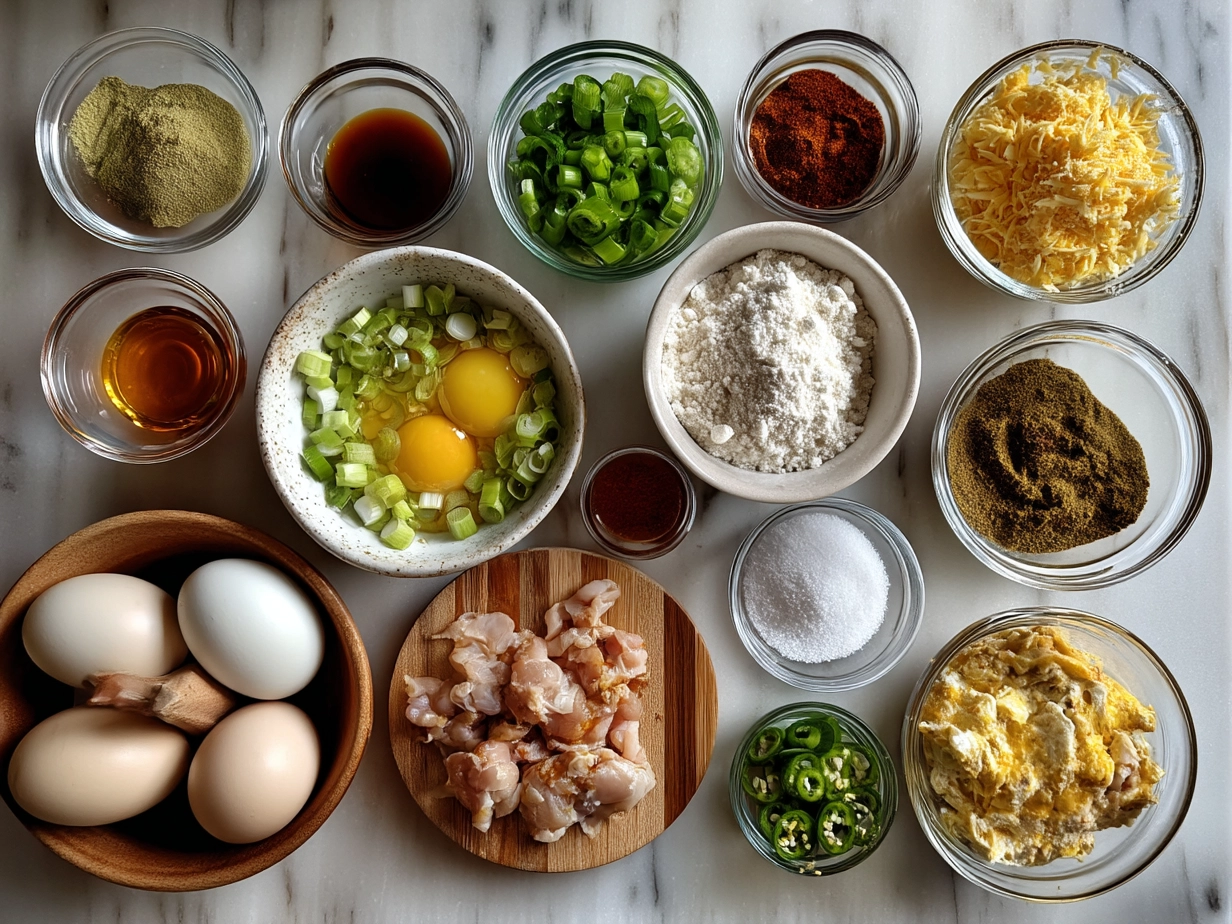 Ingredients laid out for Baked Jalapeno Chicken Dip including cheese, jalapenos, cream cheese, shredded chicken