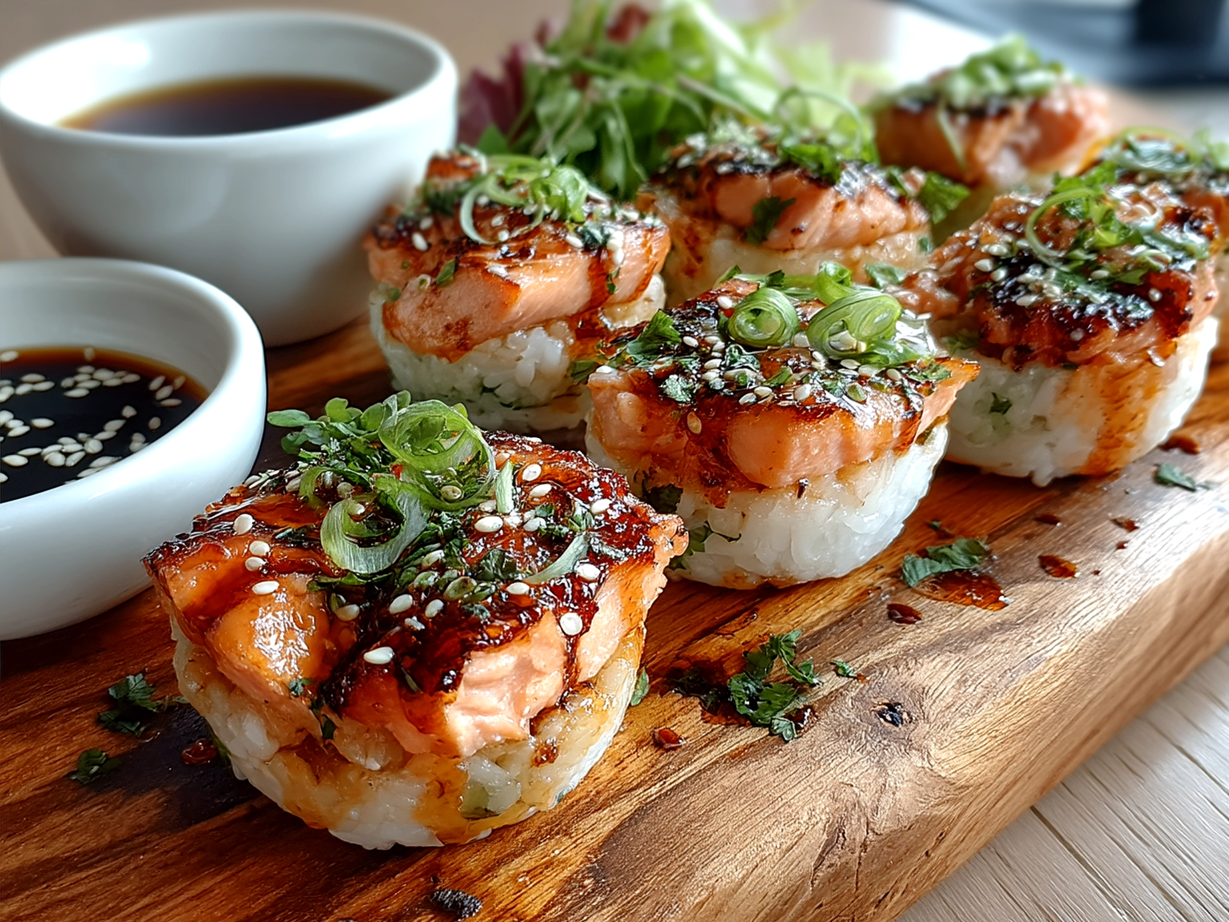 Serving Baked Salmon Sushi Cups on a plate garnished with scallions and sesame seeds
