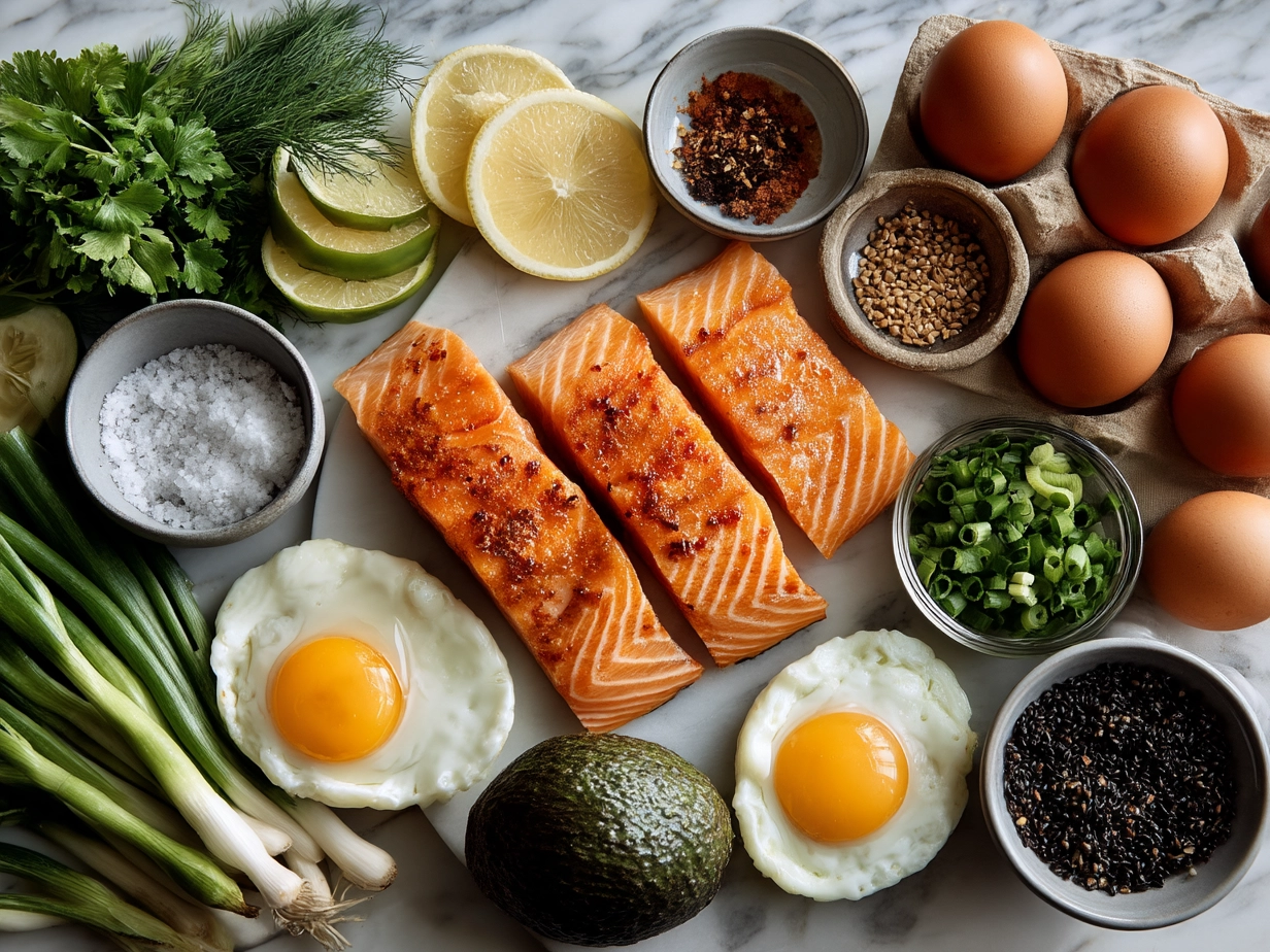 Ingredients for Baked Salmon Sushi Cups laid out in bowls and utensils