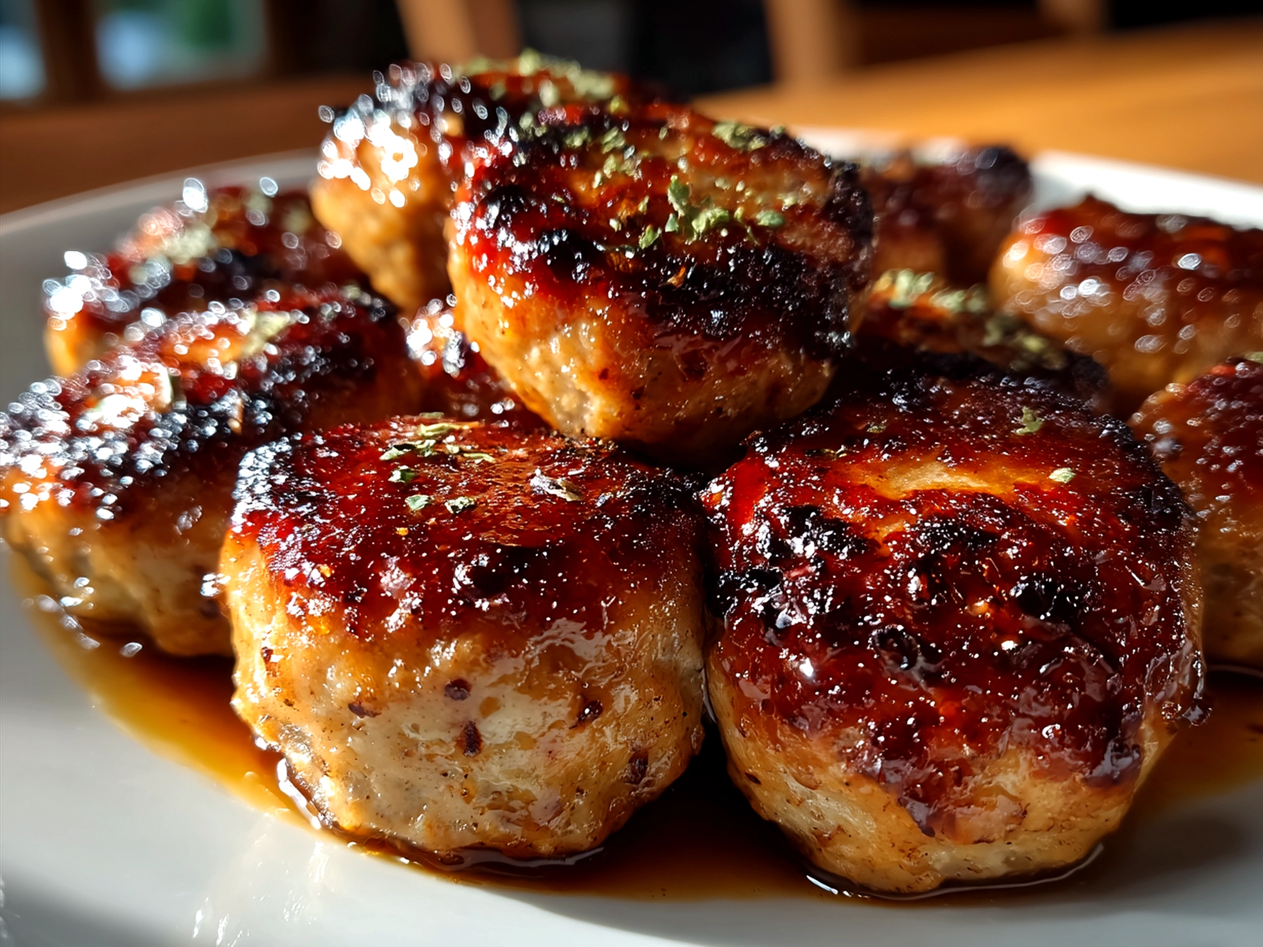 Finished BBQ sausage bites served with garnish