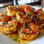 Beautiful creamy garlic butter shrimp plated on white dish