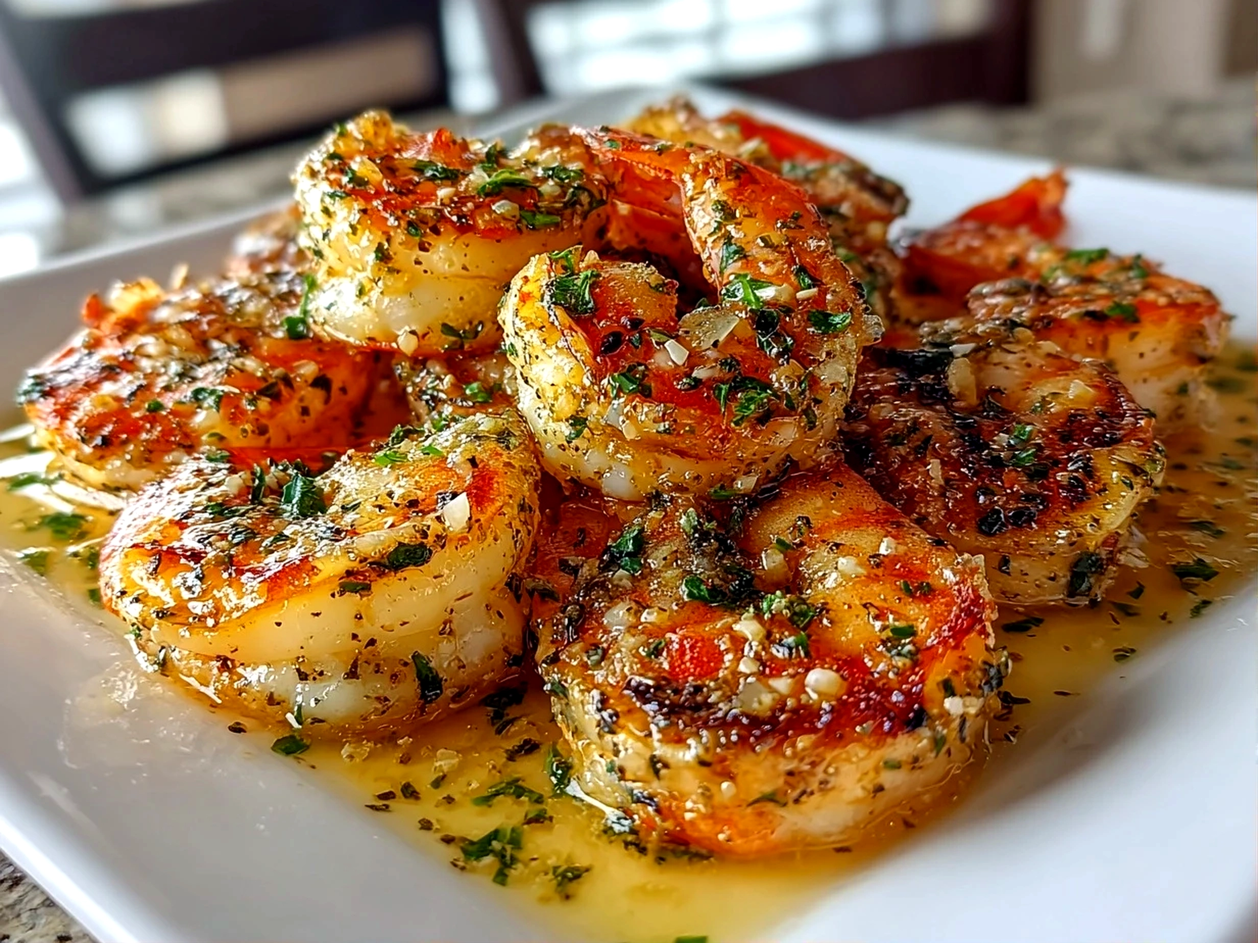 Beautiful creamy garlic butter shrimp plated on white dish