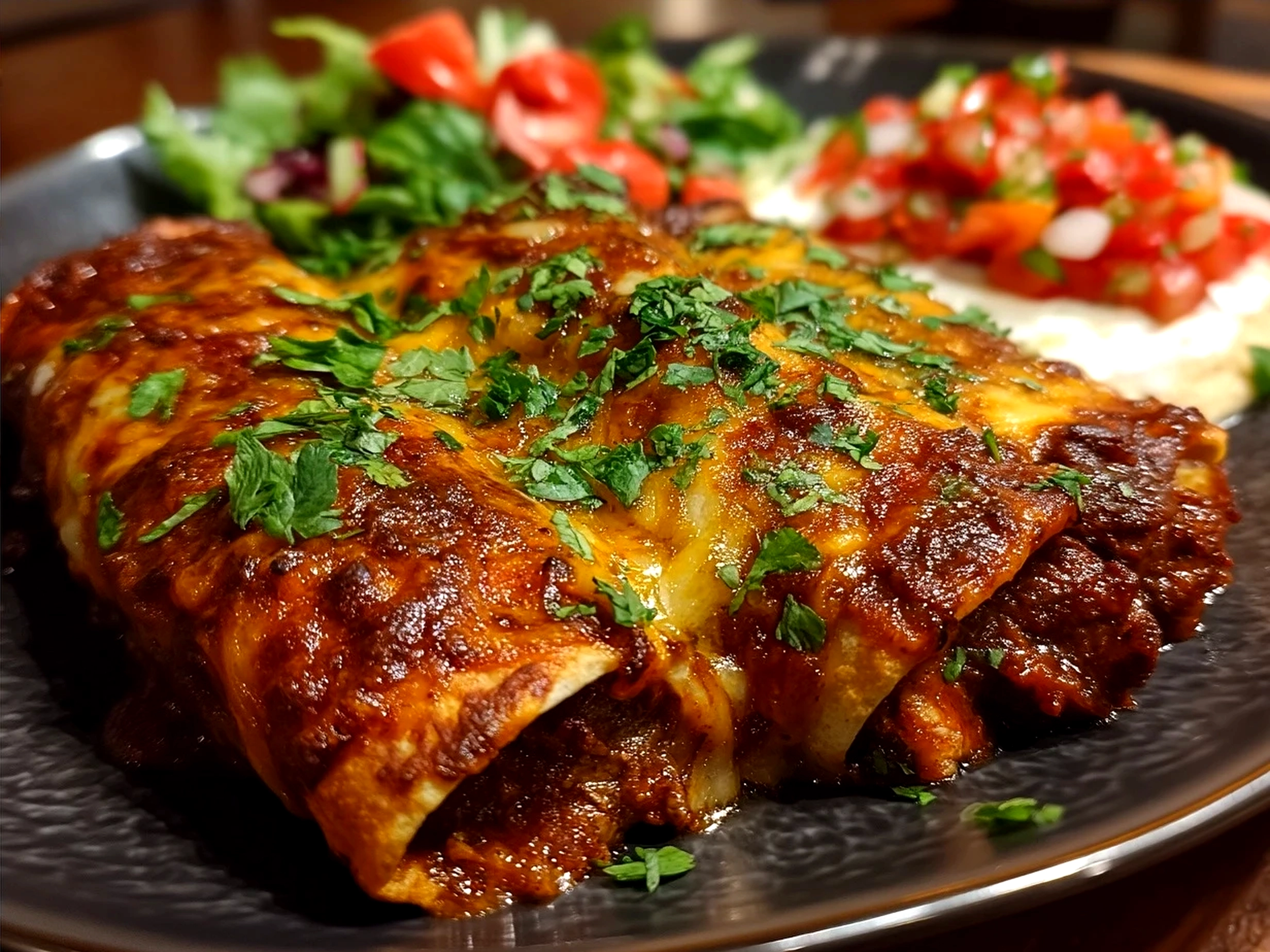 Plated Birria Enchiladas garnished with cilantro and lime wedges ready to serve