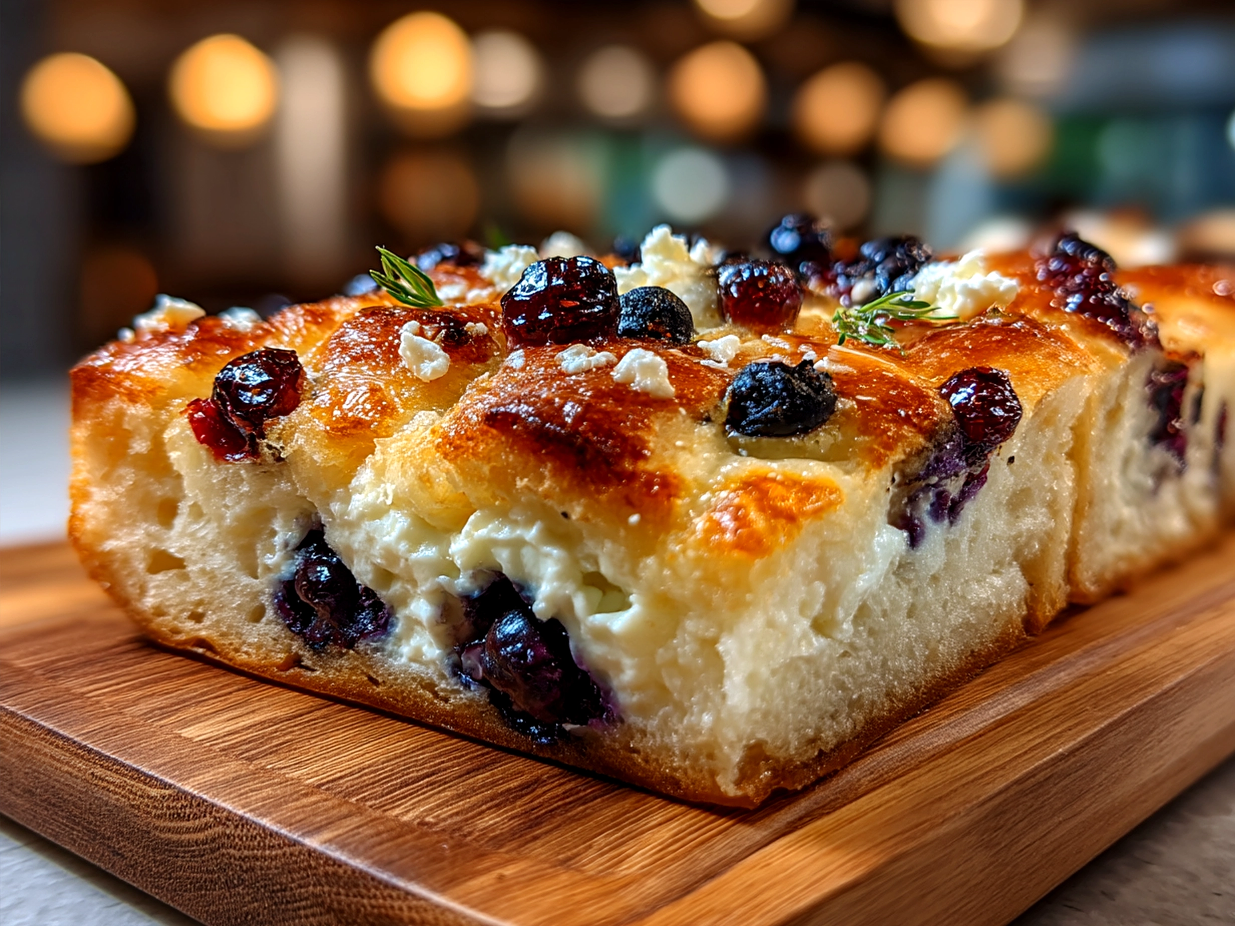 Ready to serve Blueberry Cheesecake Danish Sourdough Focaccia served in slices