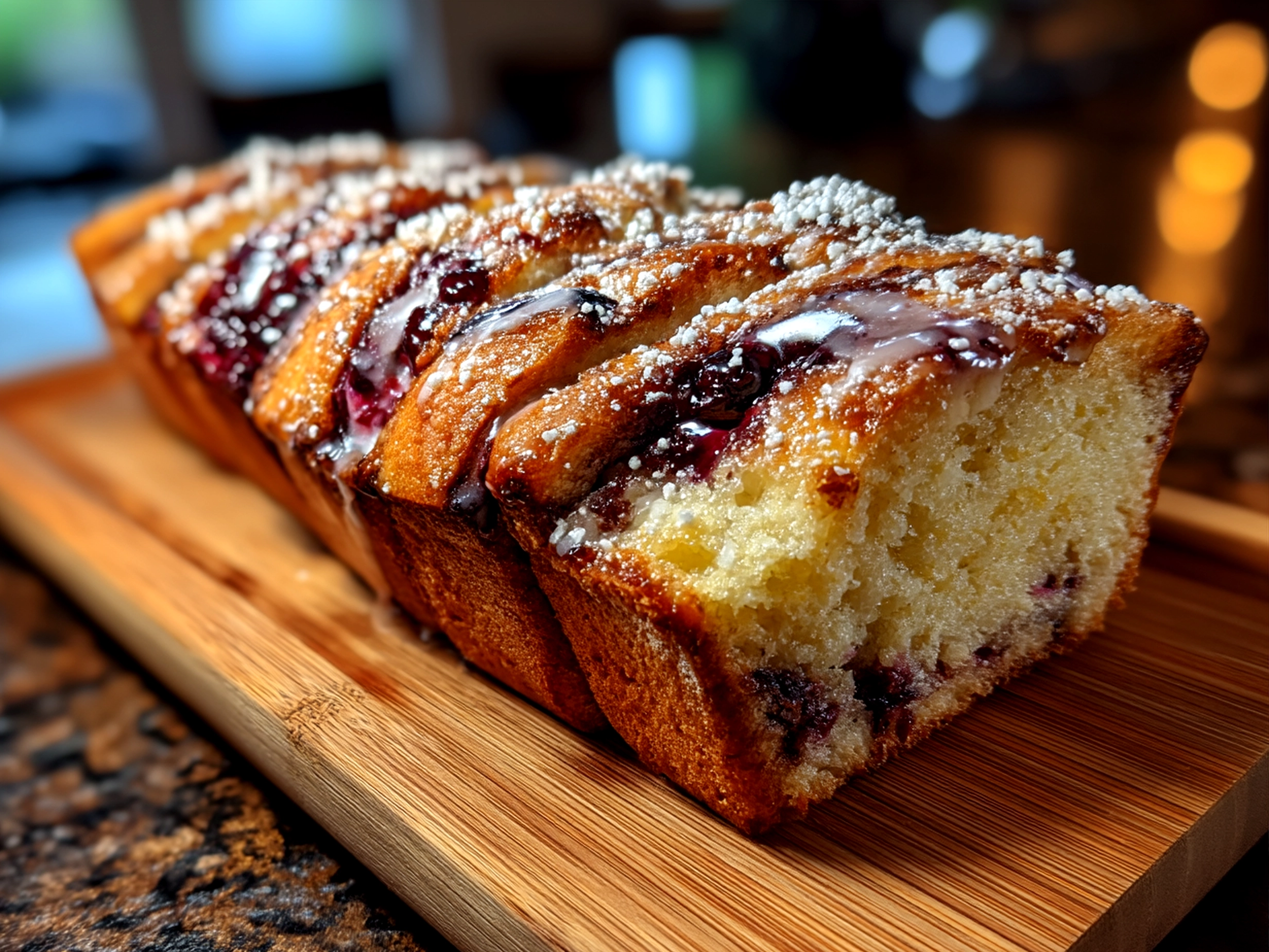 Sliced Blueberry Lemon Sourdough Babka served with whipped ricotta and honey