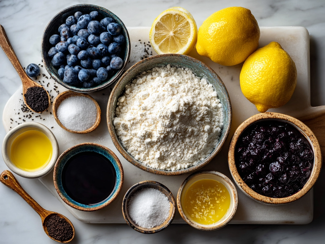 Ingredients for Blueberry Lemon Sourdough Babka laid out on a kitchen counter