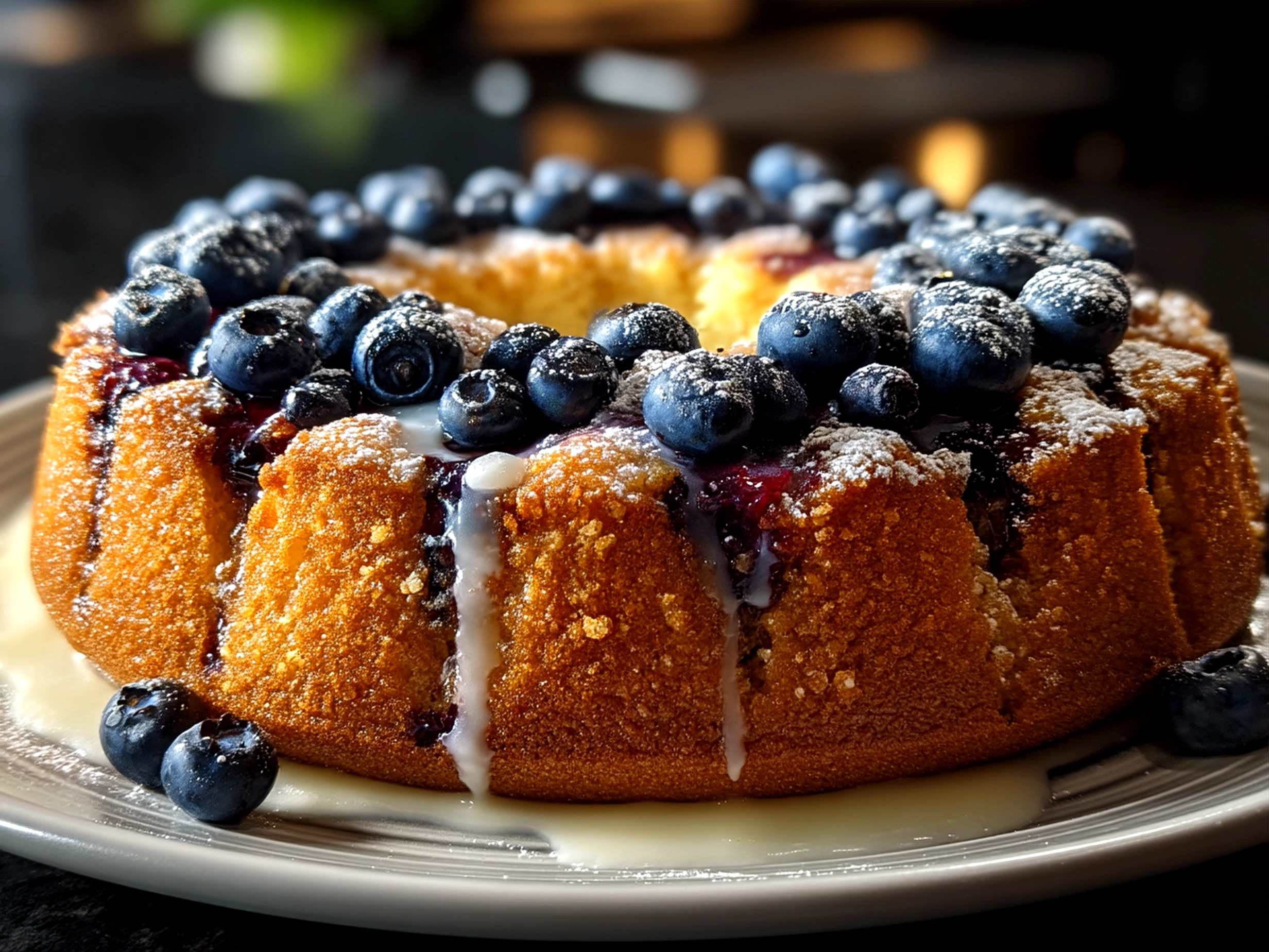 Served slice of Blueberry Sour Cream Coffee Cake on a plate with fresh berries