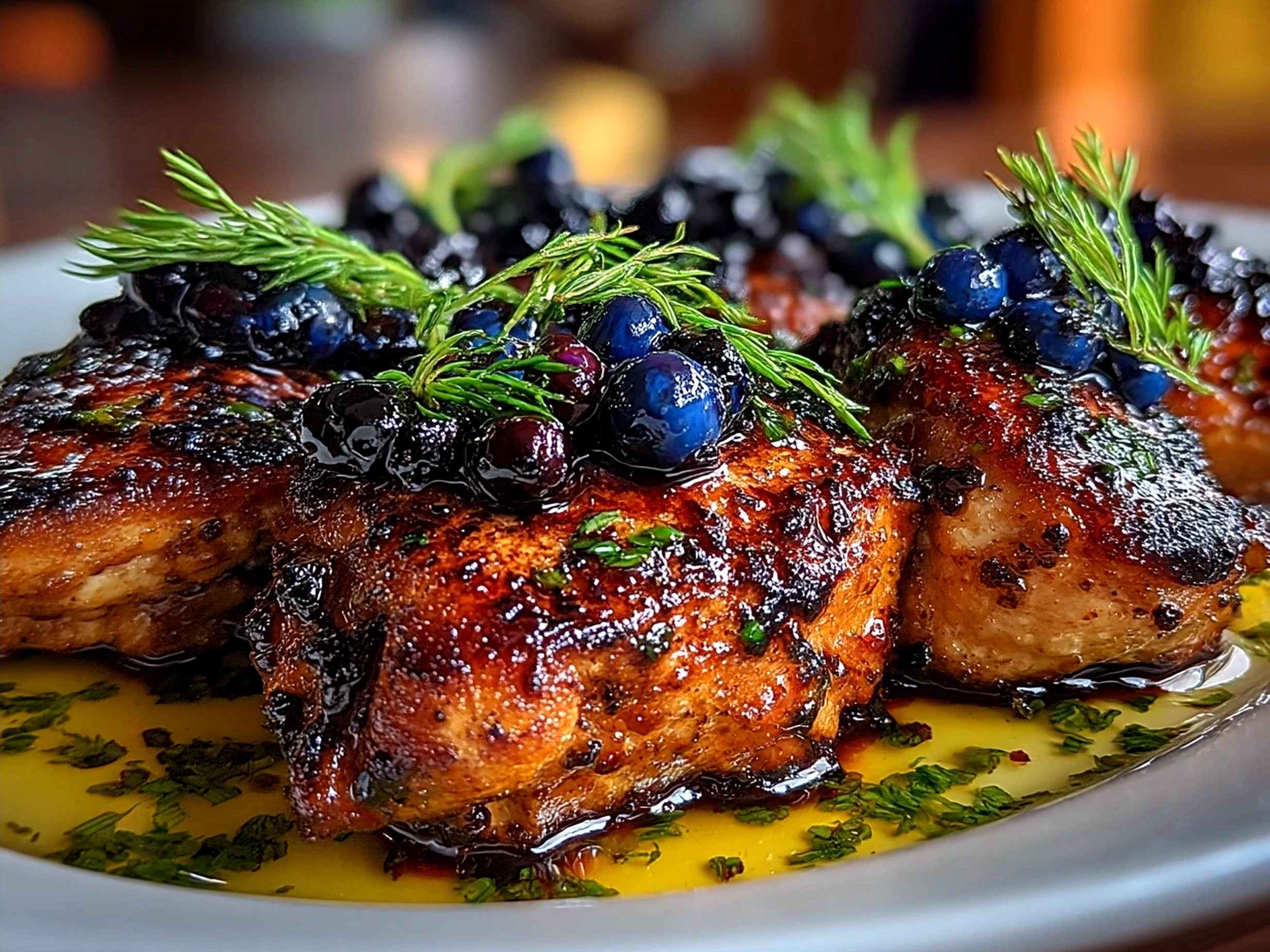 Served Blueberry Thyme Chicken plated with fresh thyme and blueberry sauce
