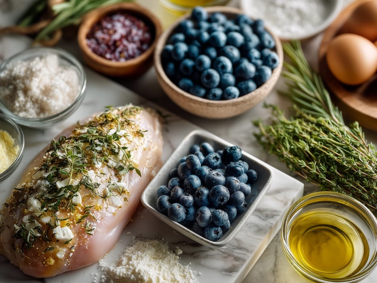 Ingredients for Blueberry Thyme Chicken including chicken breasts, blueberries, thyme, garlic, and honey