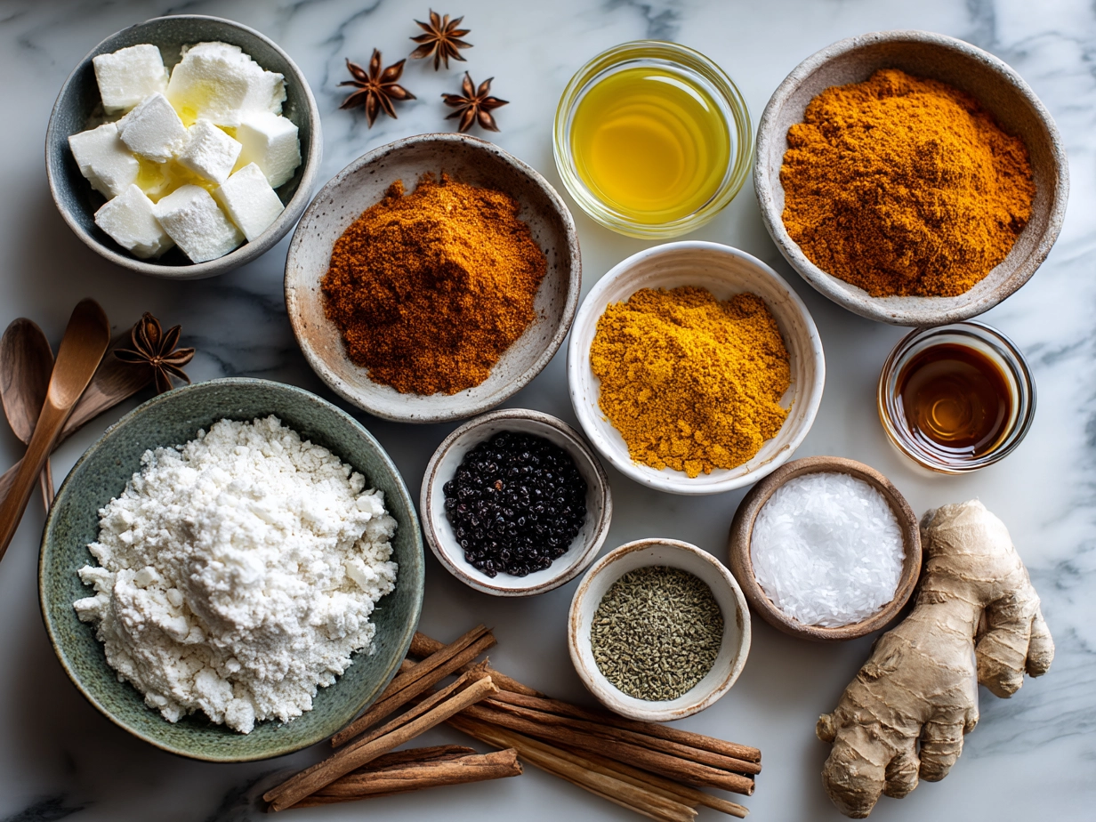 Ingredients for Butter Chicken Skillet including chicken thighs, spices, cream, and tomatoes