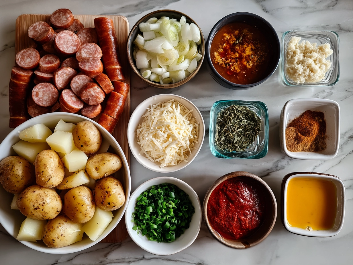 Ingredients for Cajun Potato Soup with Andouille Sausage including sausage, potatoes, vegetables, and seasonings