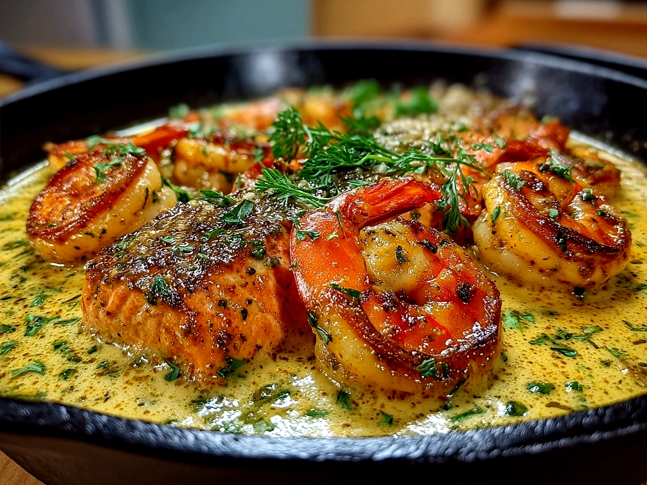  plated Cajun Shrimp and Salmon with Garlic Cream Sauce garnished with fresh parsley