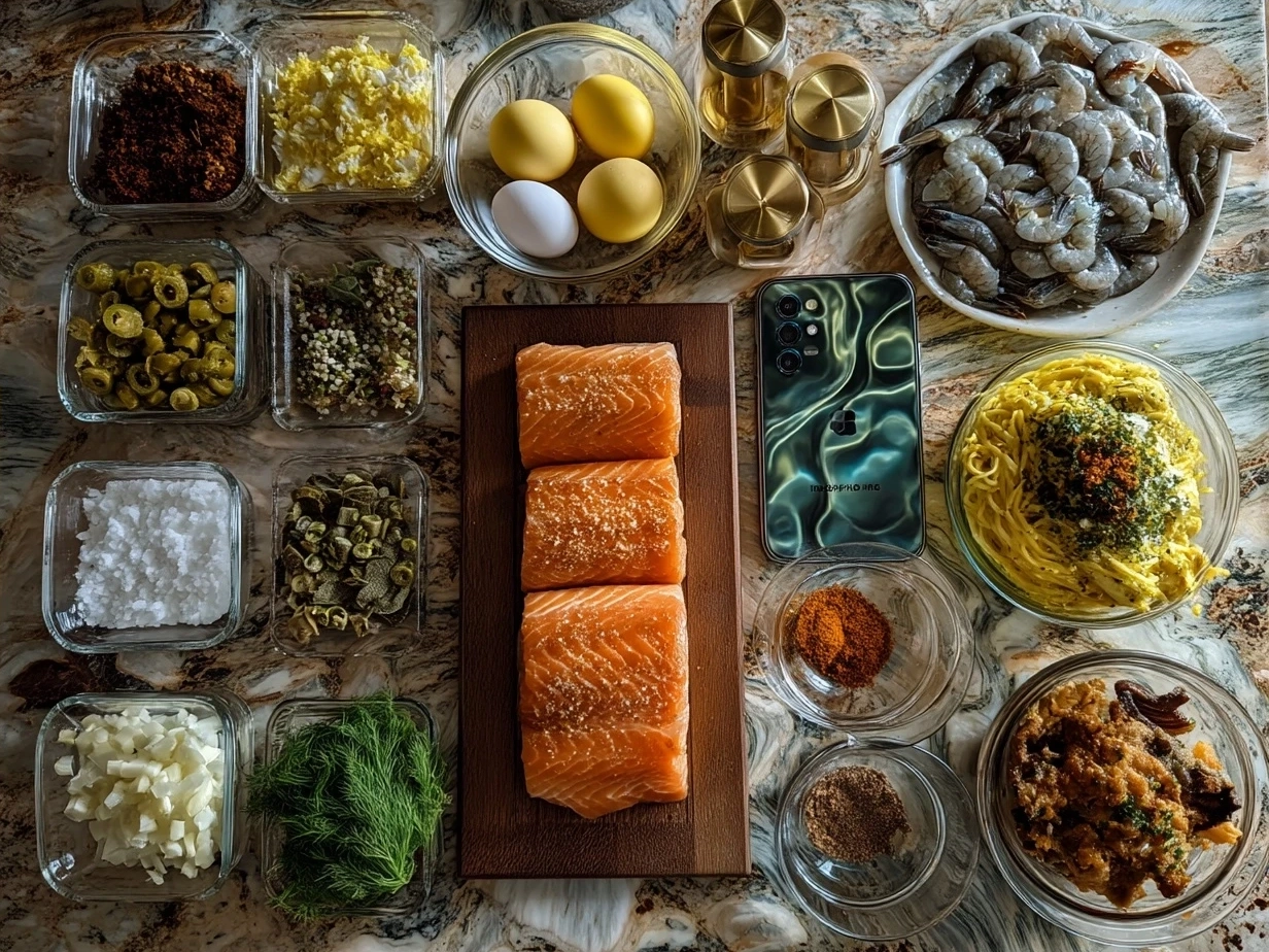 Fresh ingredients for Cajun Shrimp and Salmon with Garlic Cream Sauce arranged on a wooden board