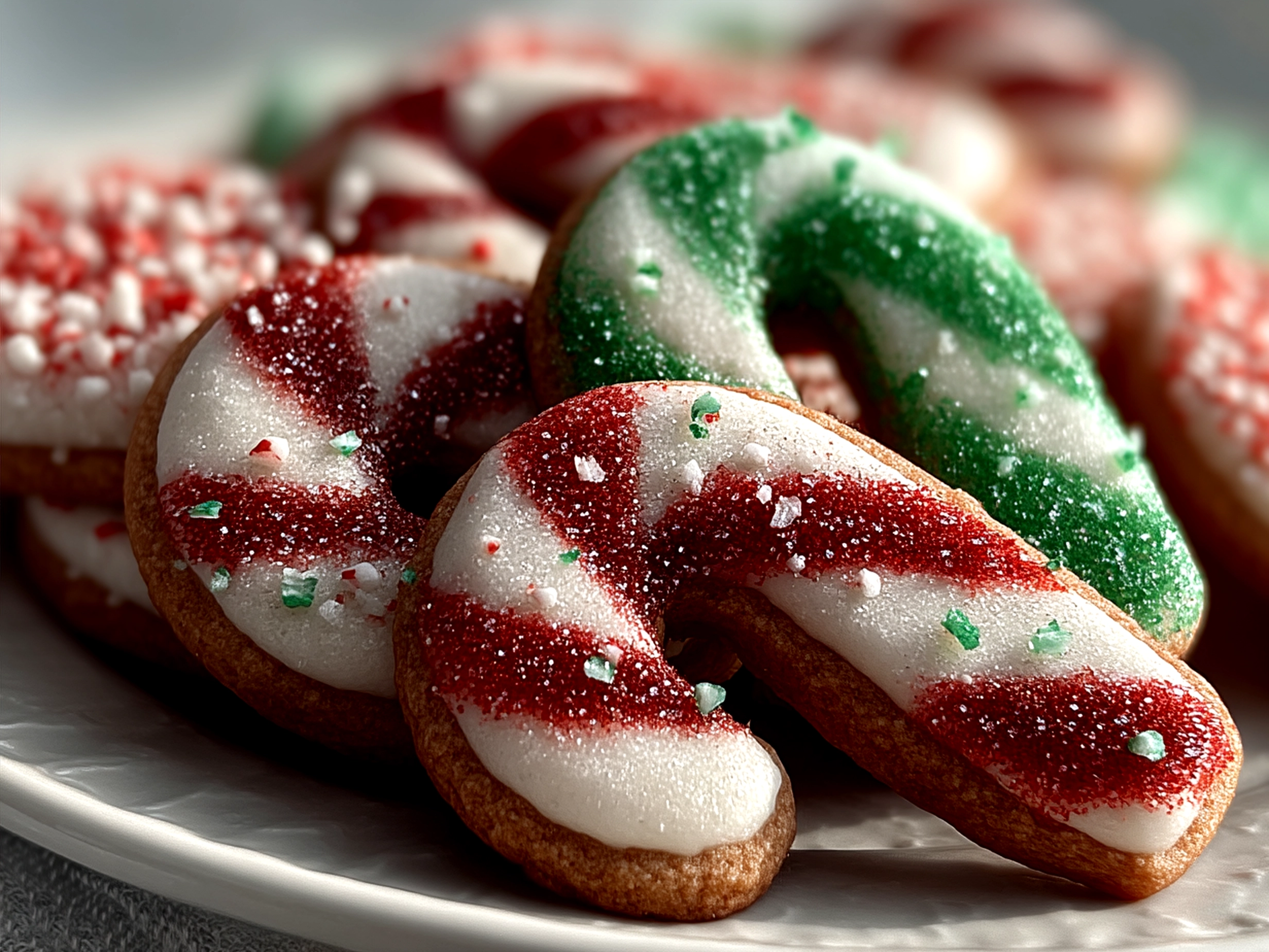 Plate of freshly baked Candy Cane Cookies served with festive decoration