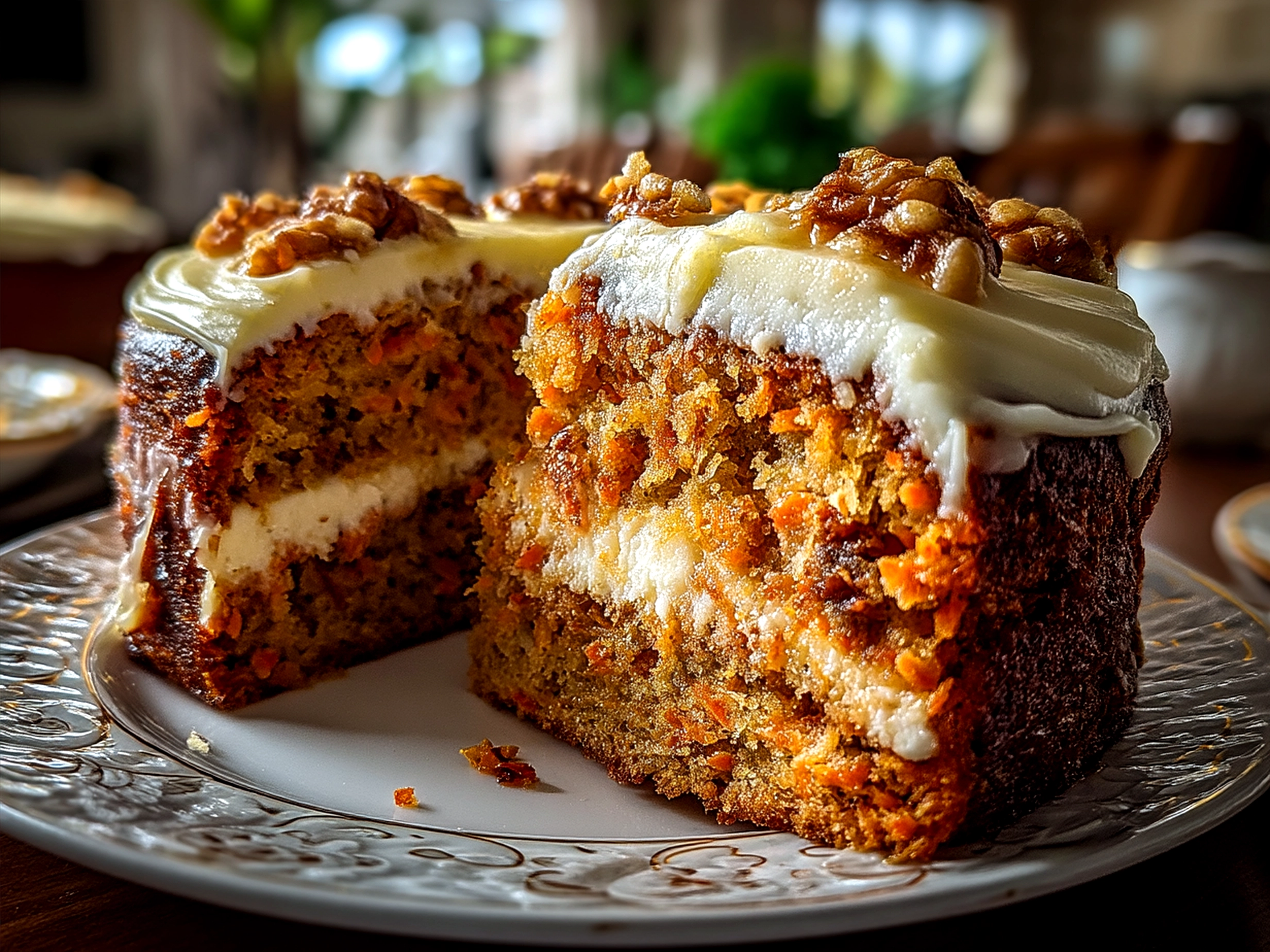 Finished moist carrot cake with cream cheese frosting ready to be served