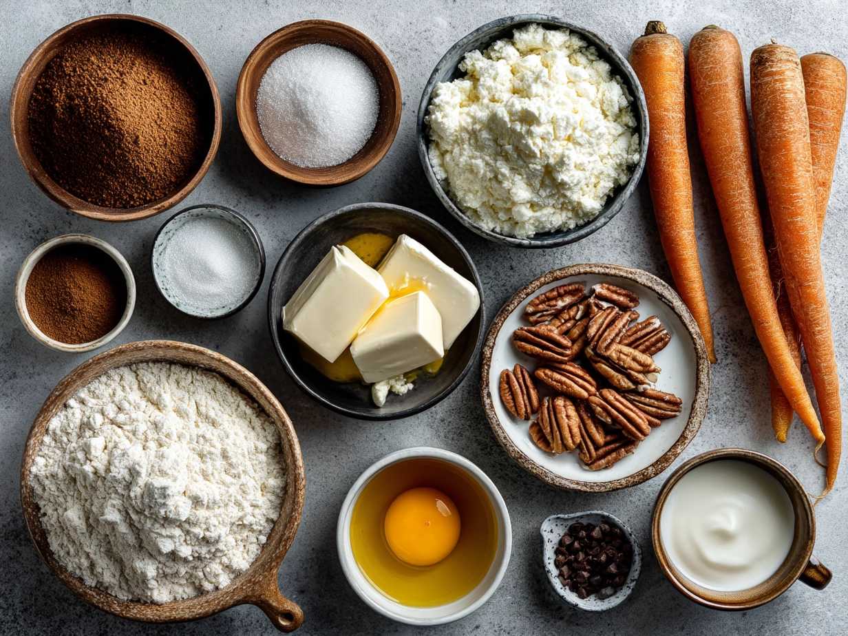 Ingredients laid out for making a moist carrot cake with cream cheese frosting