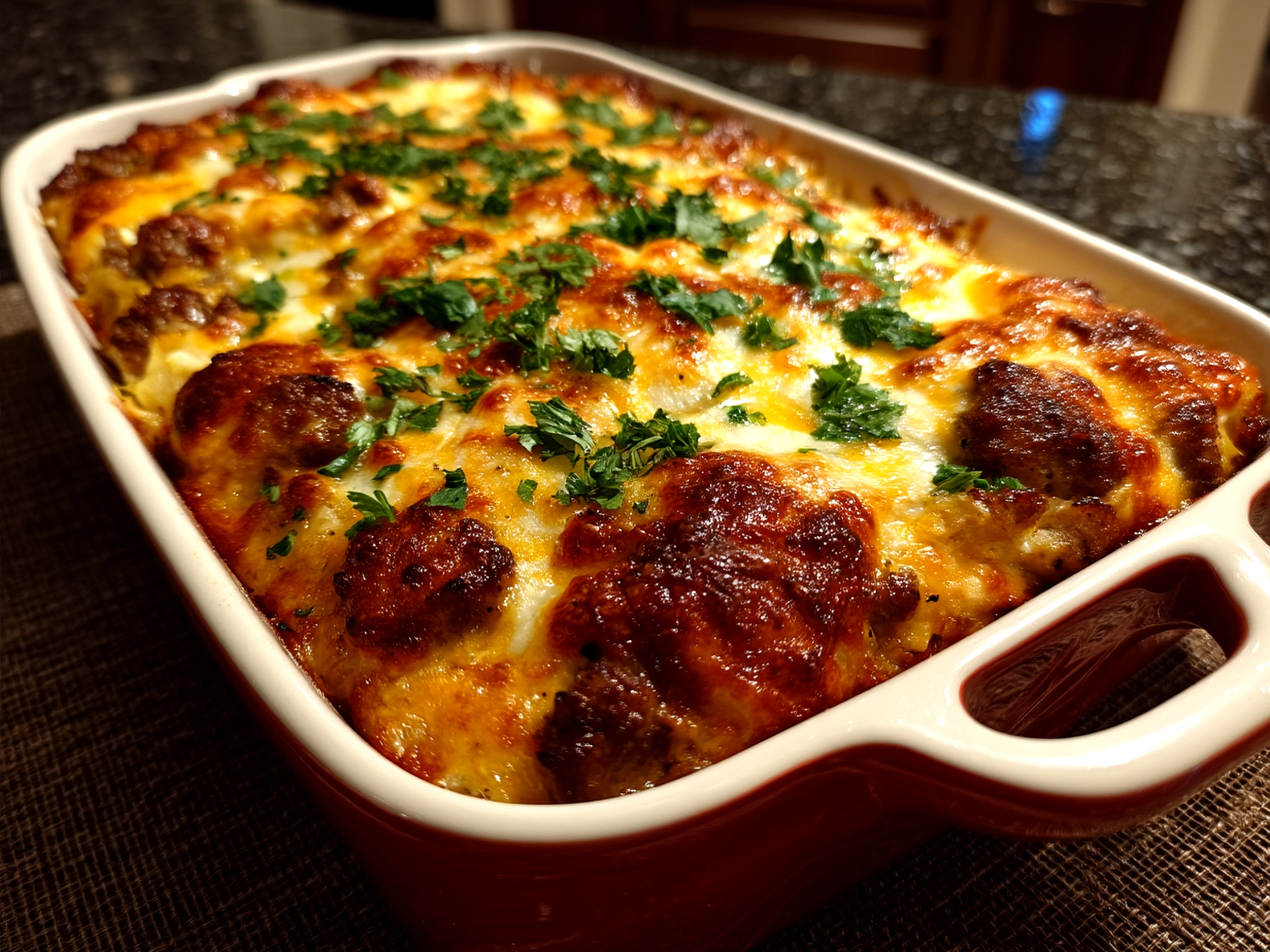 Serving presentation of Cattle Drive Casserole hot and bubbly in a casserole dish ready to be shared with family.