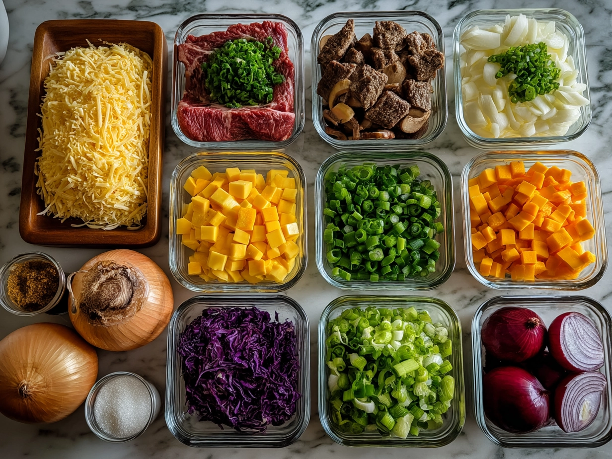 Ingredients for Cattle Drive Casserole including ground beef, onions, garlic, bell peppers, tomatoes, chili powder, cheese, sour cream, corn, and crispy topping.