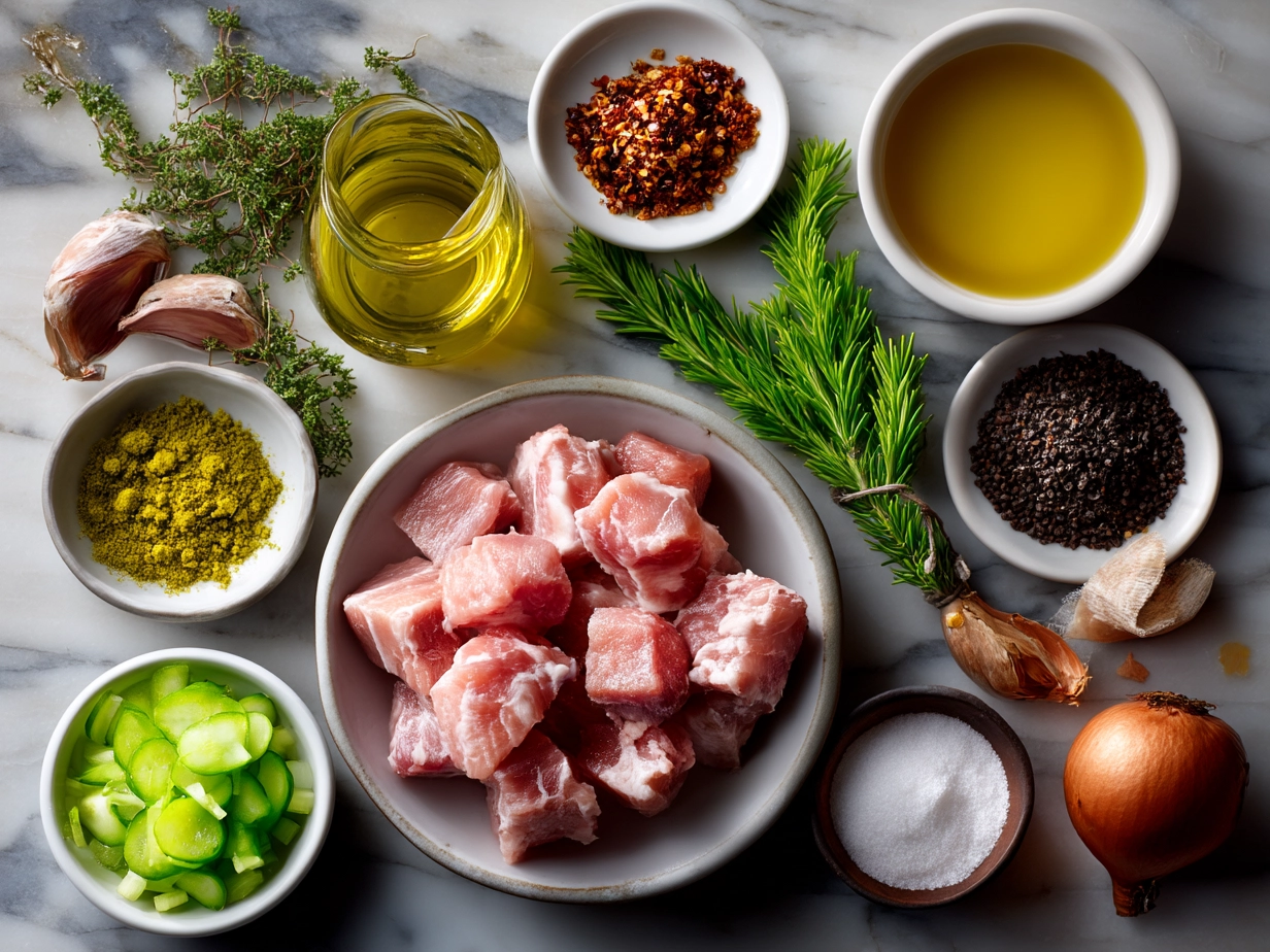Ingredients for Char Siu Chicken including honey, hoisin sauce, soy sauce, chicken thighs and spices