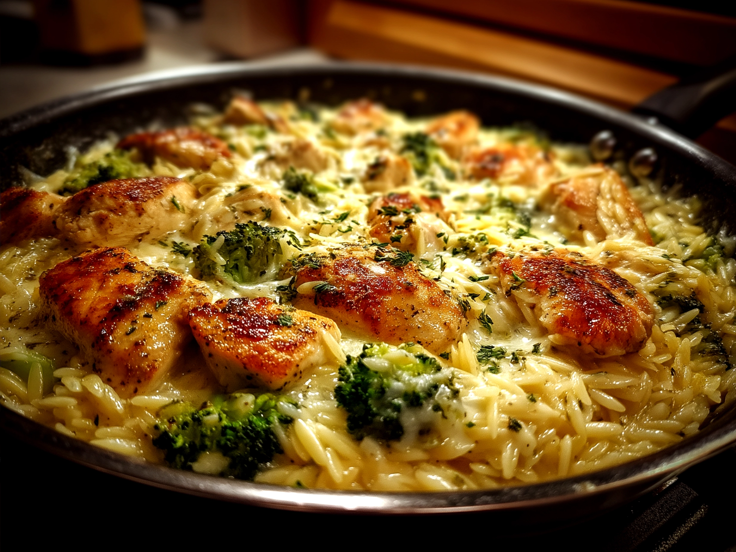 Serving of creamy Cheesy Chicken Broccoli Orzo in a bowl ready to eat