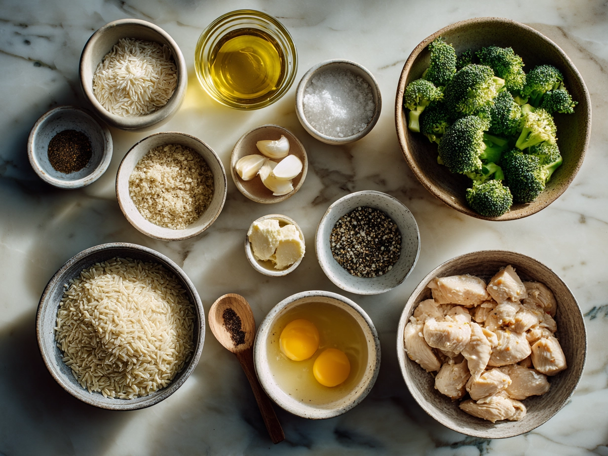 Ingredients for Cheesy Chicken Broccoli Orzo displayed on a kitchen counter