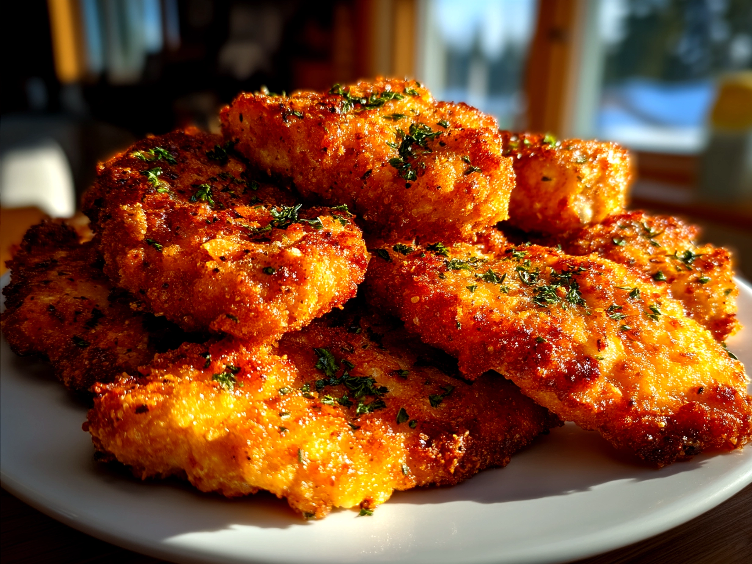Plated homemade chicken tenders served with salad and dipping sauces