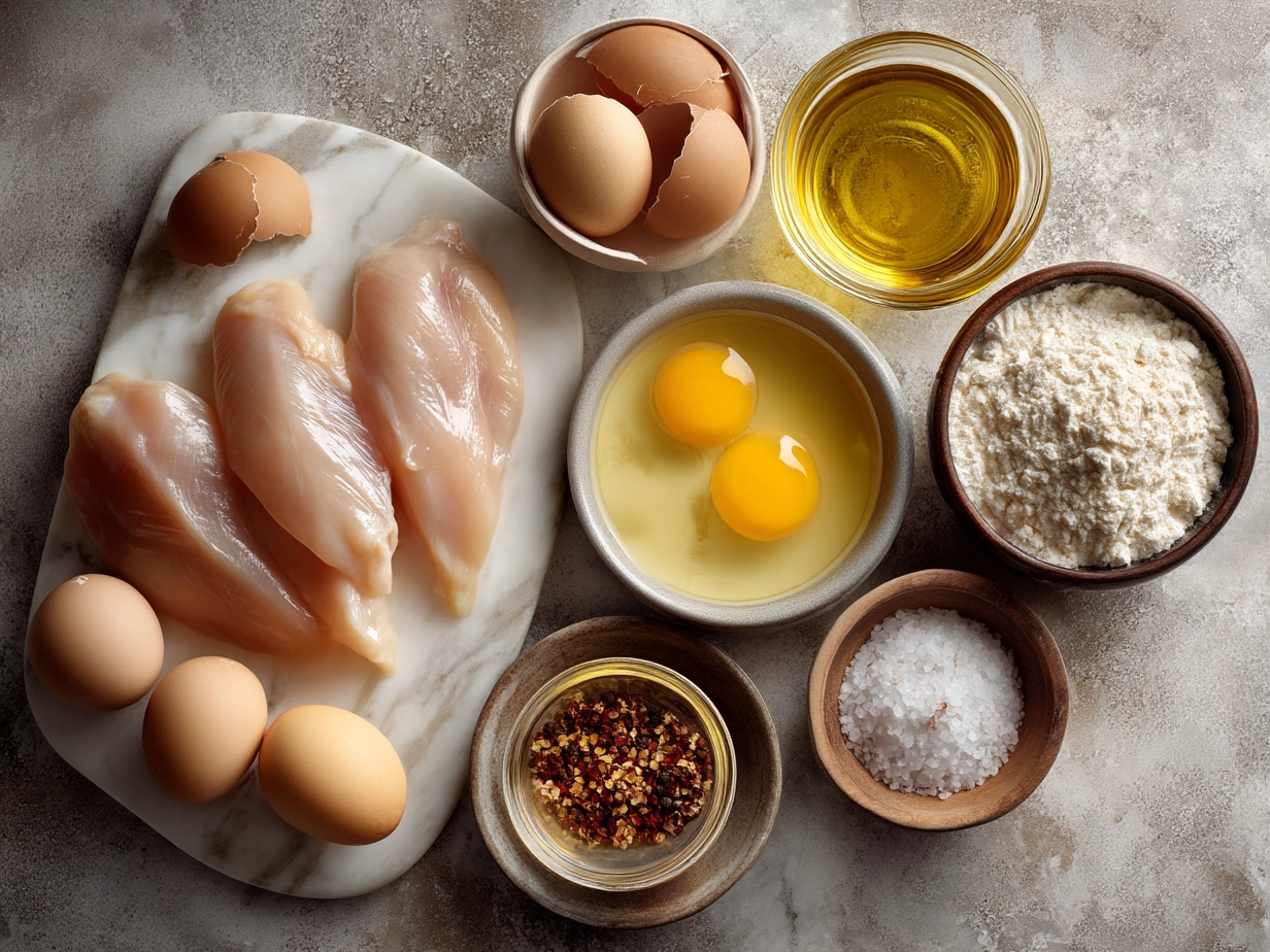 Ingredients for homemade chicken tenders laid out including flour, eggs, panko breadcrumbs, and spices