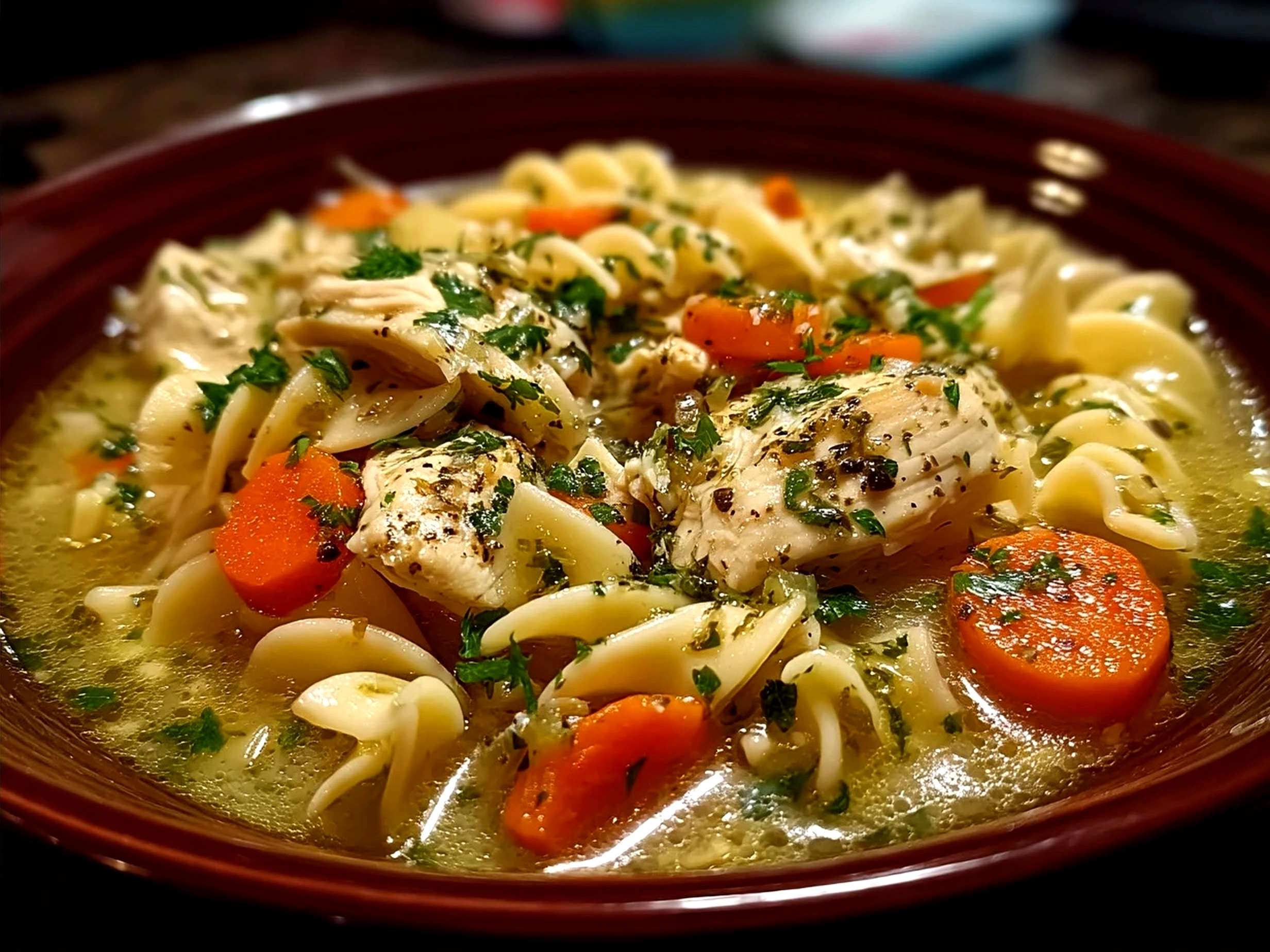 Serving bowl of Chick Fil A Chicken Noodle Soup, warm and comforting