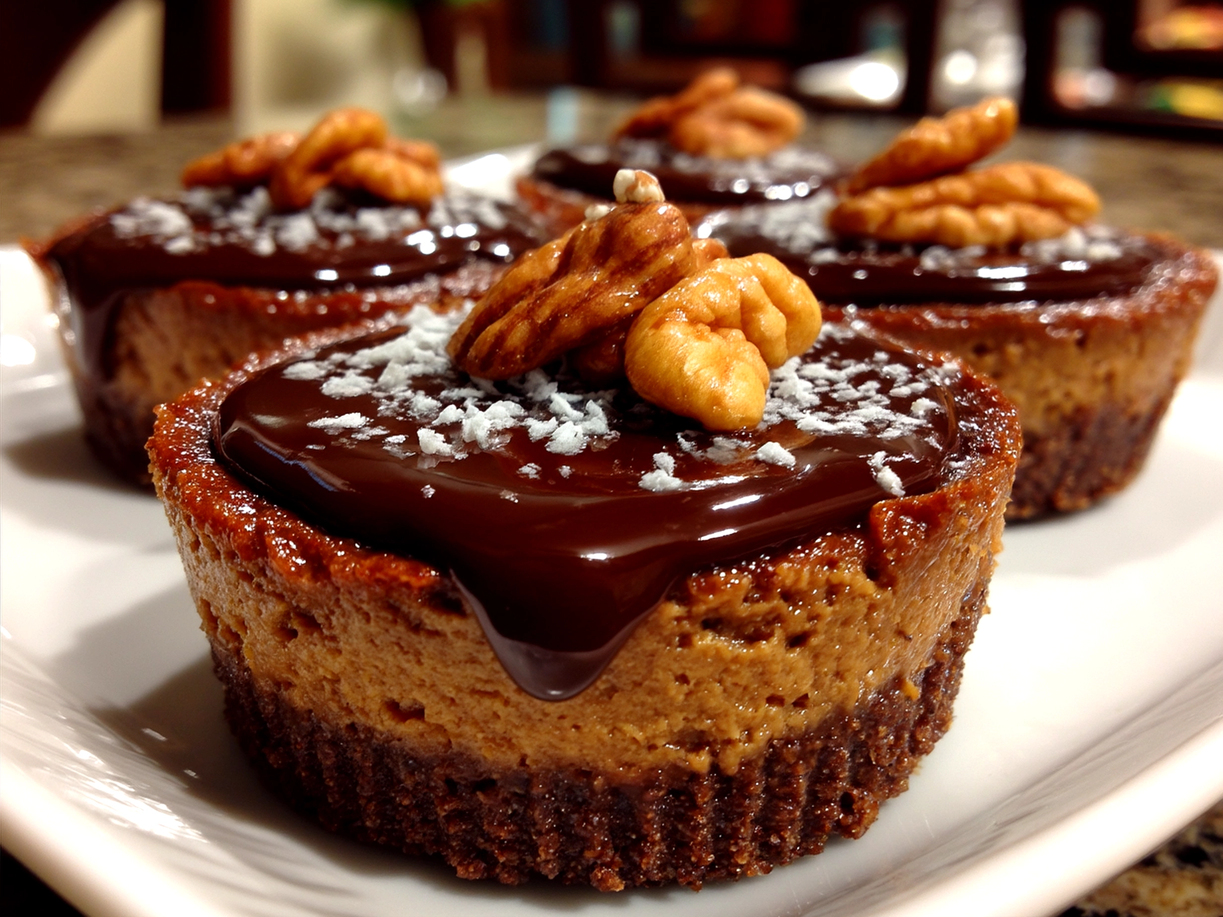 Served Chocolate Gnome Cheesecakes garnished with raspberries and a drizzle of sauce