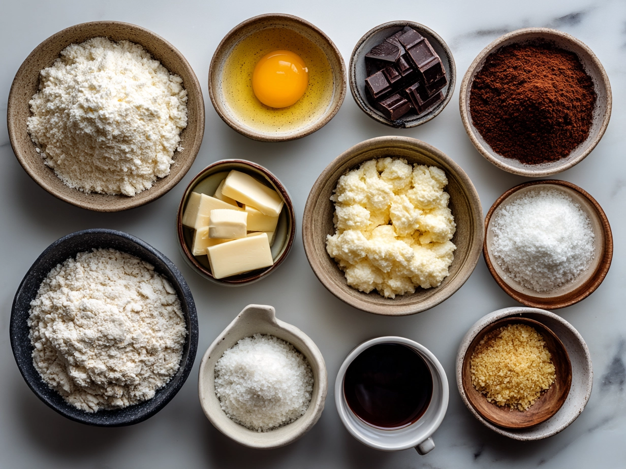 Ingredients for Chocolate Gnome Cheesecakes including cream cheese, cocoa powder, eggs, sour cream, and cinnamon
