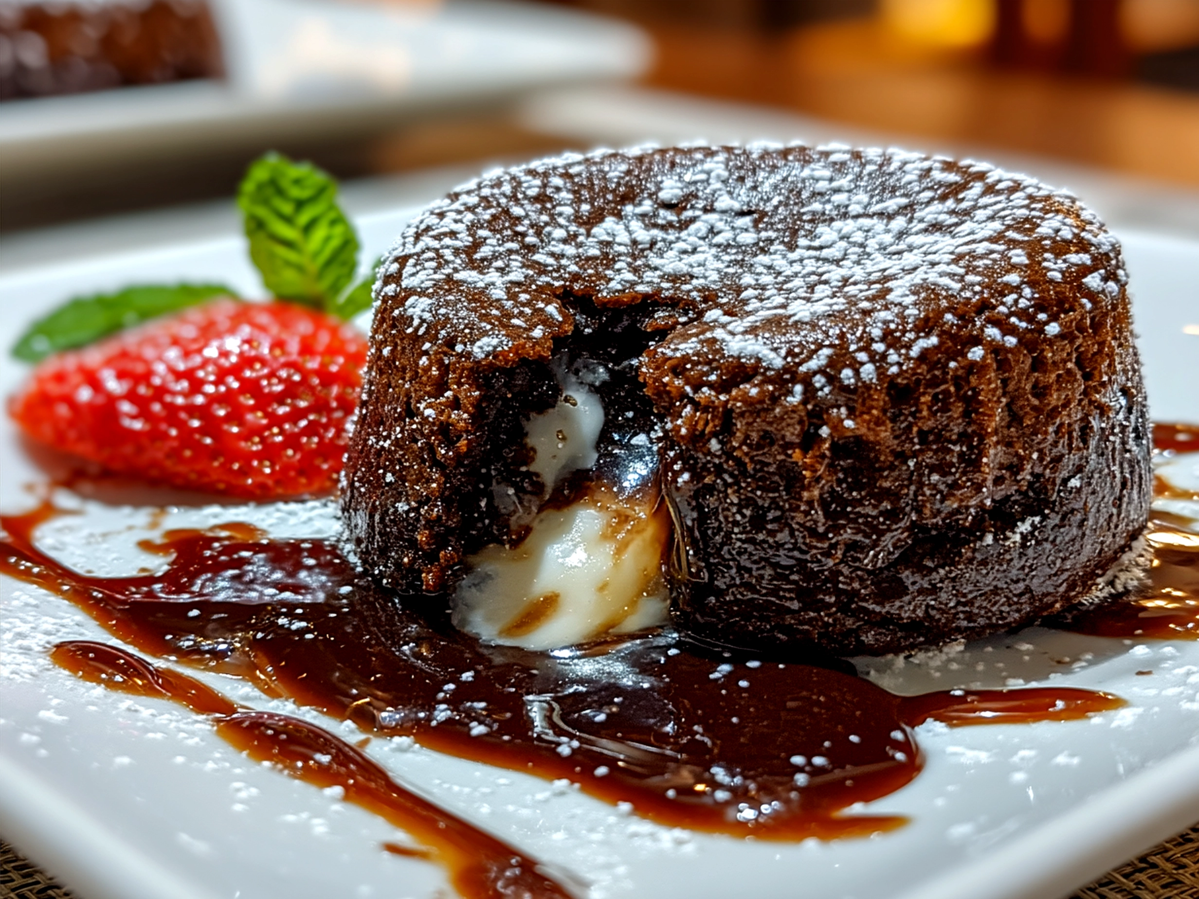 Served chocolate lava cake topped with powdered sugar and mint garnished with a scoop of vanilla ice cream