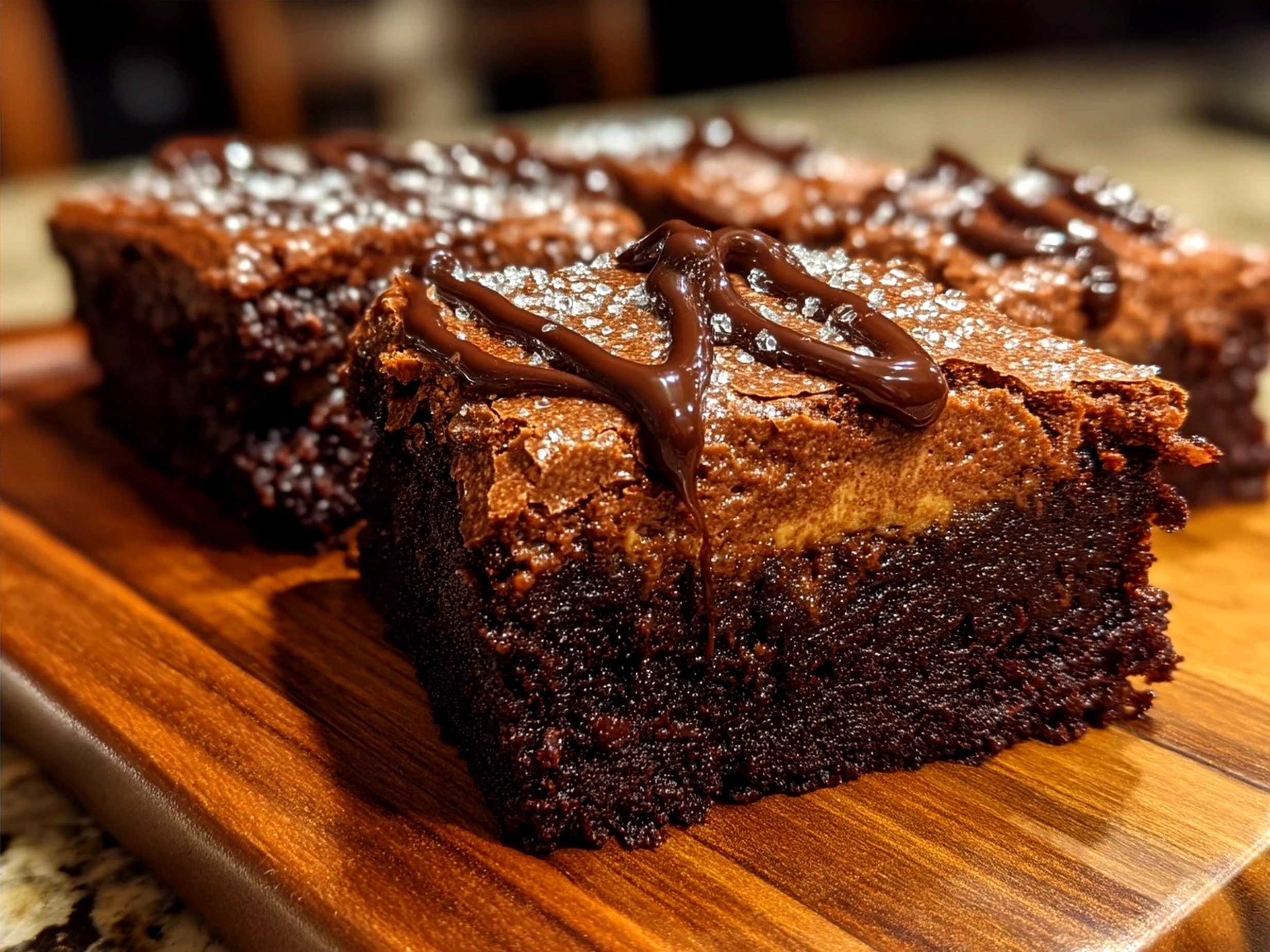 Serving Chocolate Mousse Brownies on a dark plate with whipped cream and berries