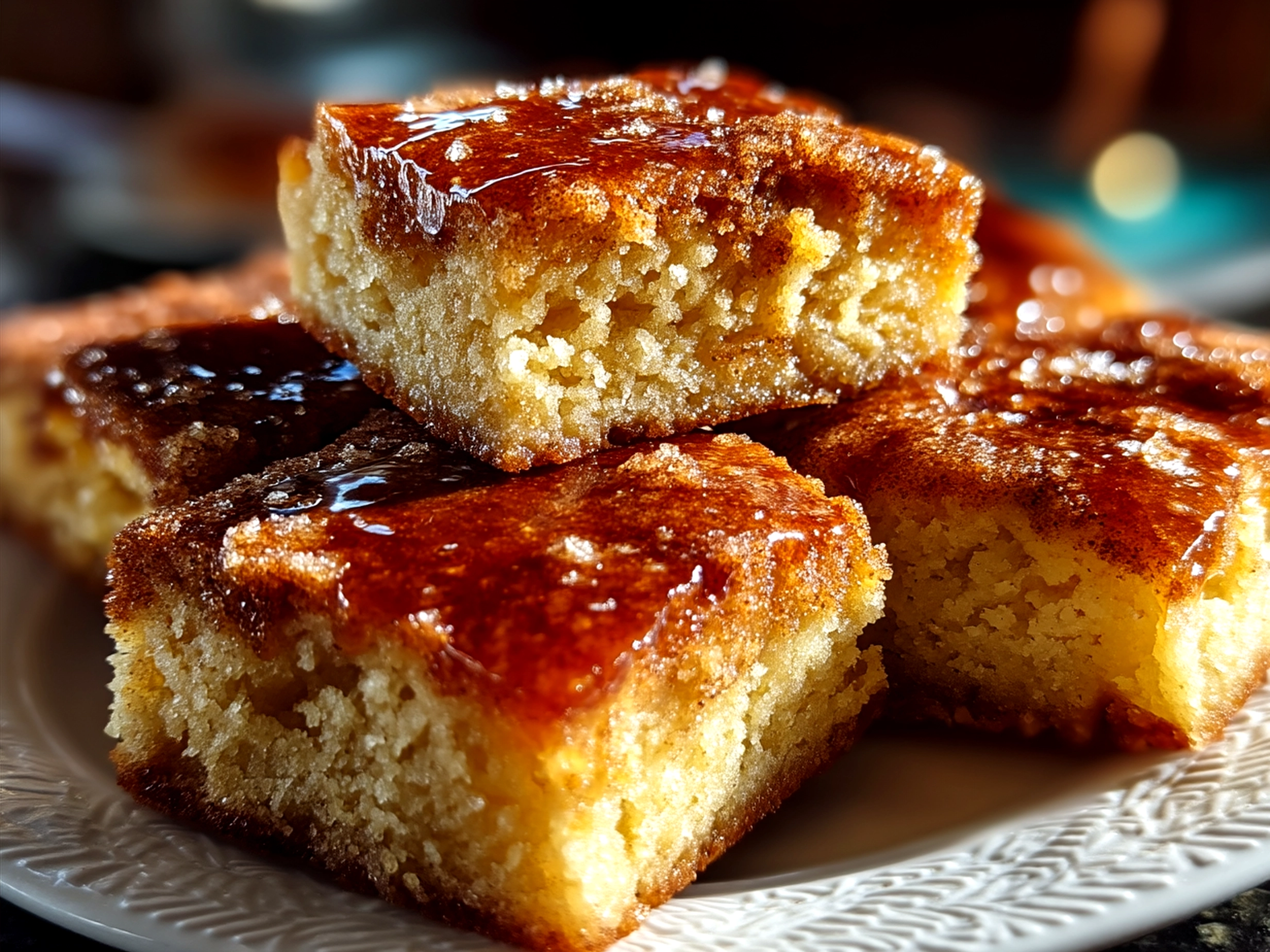 Close-up of a sliced Cinnamon Sugar Blondies bar served on a plate